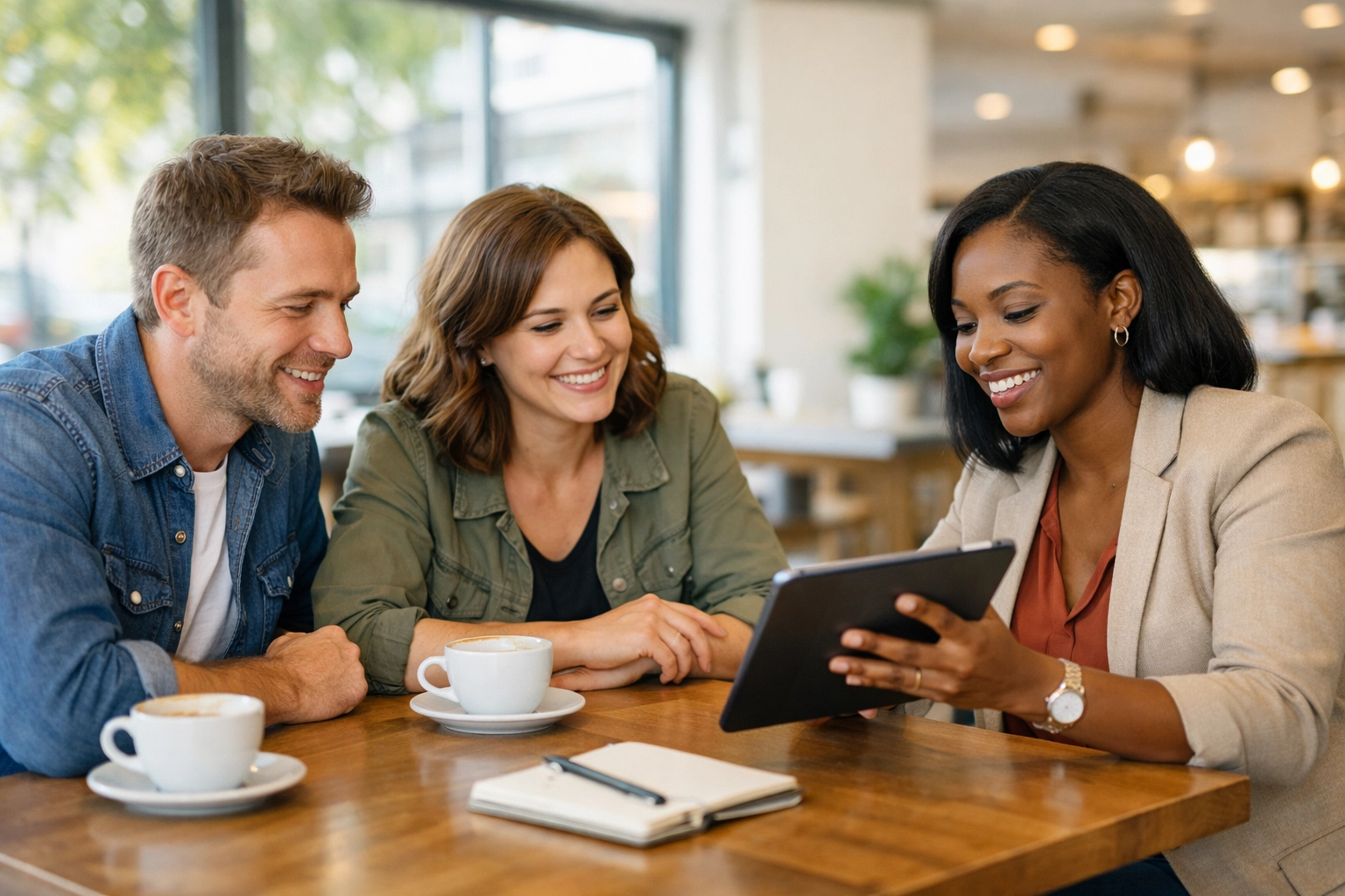 Travel agent meeting with clients at café discussing vacation plans on tablet