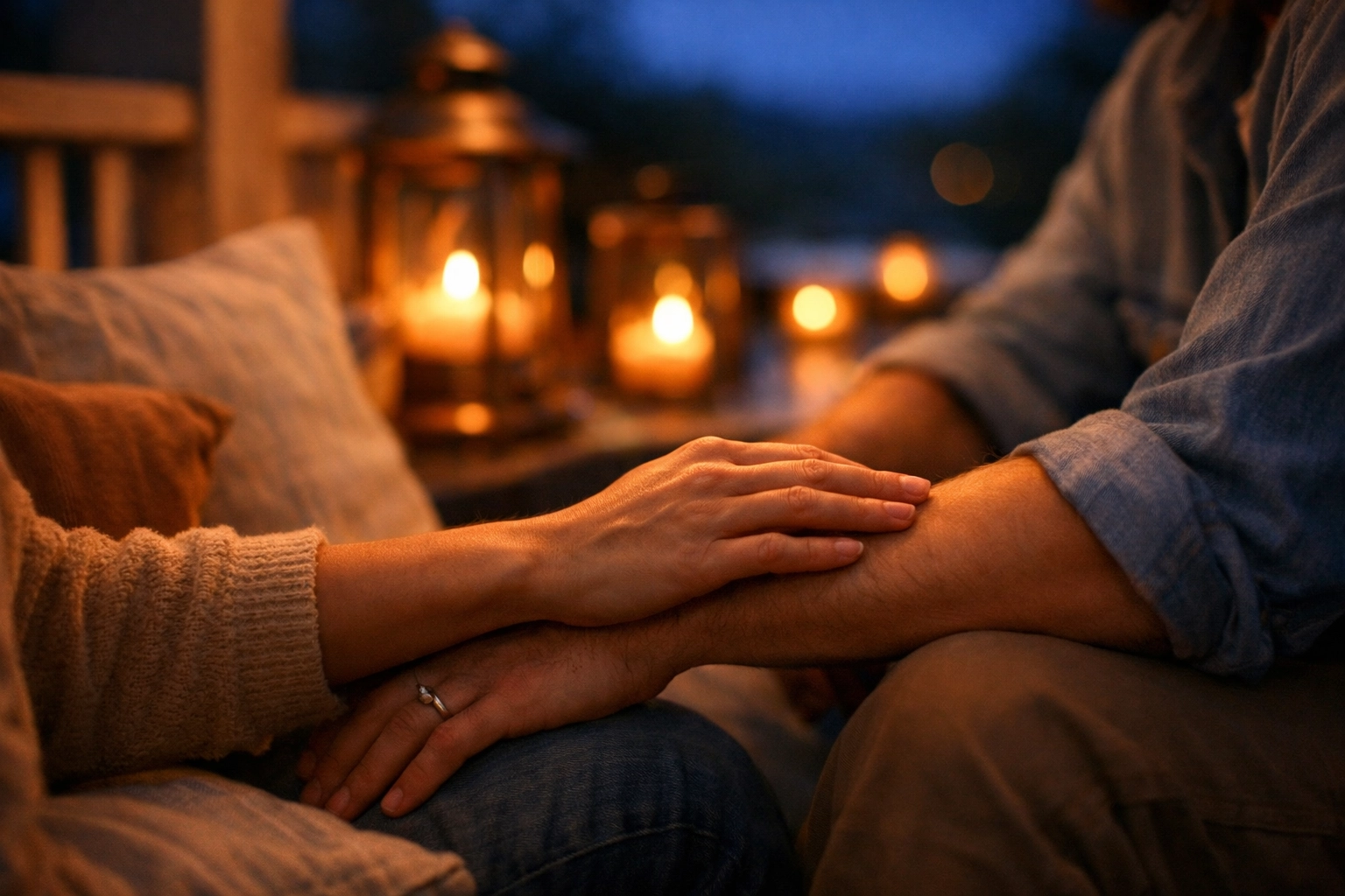 A compassionate, supportive touch between two people, representing empathy and the power of human connection.