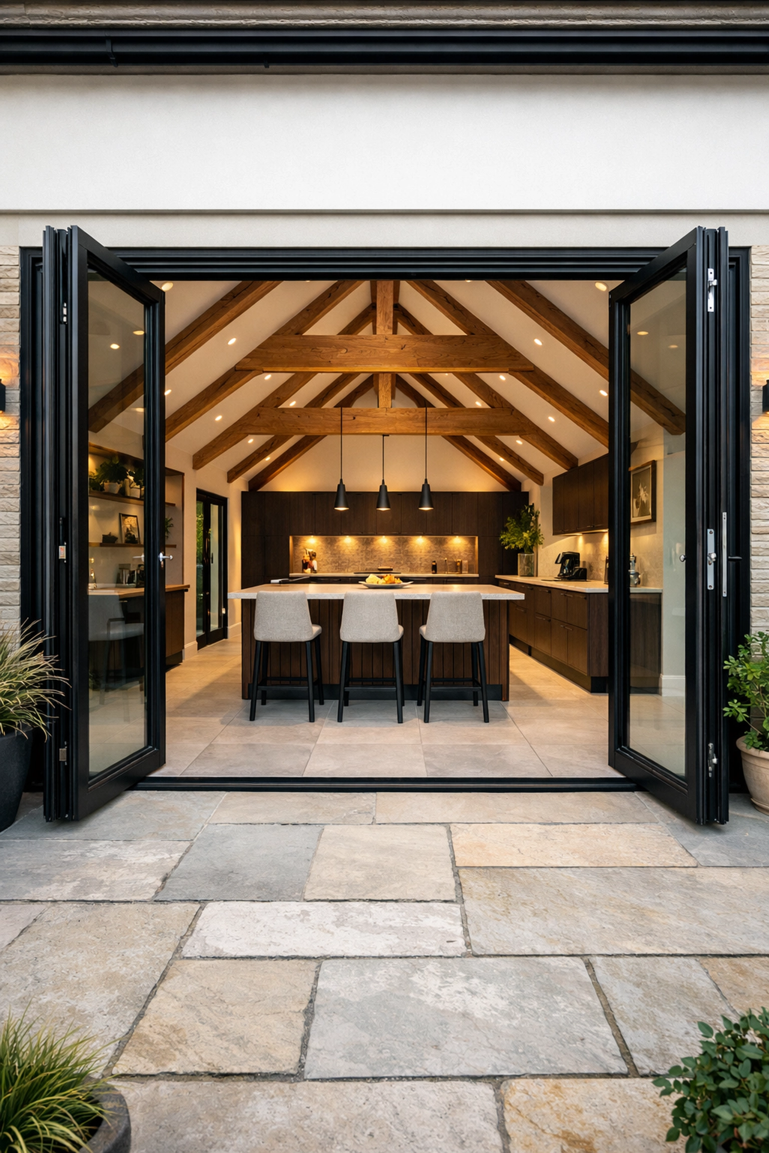 Bespoke kitchen extension in Bognor Regis with bi-fold doors and a vaulted ceiling.