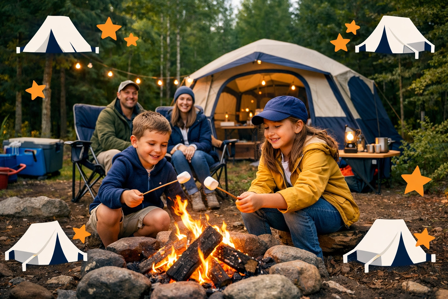 A happy family using rented camping gear at a lush forest campsite around a glowing campfire.