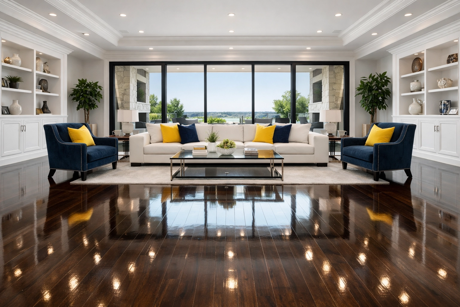 Immaculate living room with buffed hardwood floors and bright natural light for a real estate listing.