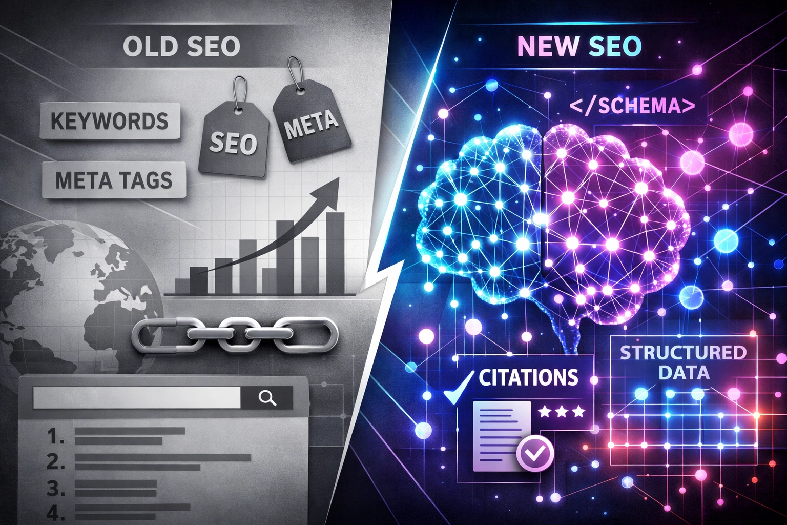 Comparison of traditional SEO methods versus modern AI-optimized SEO strategies for local businesses