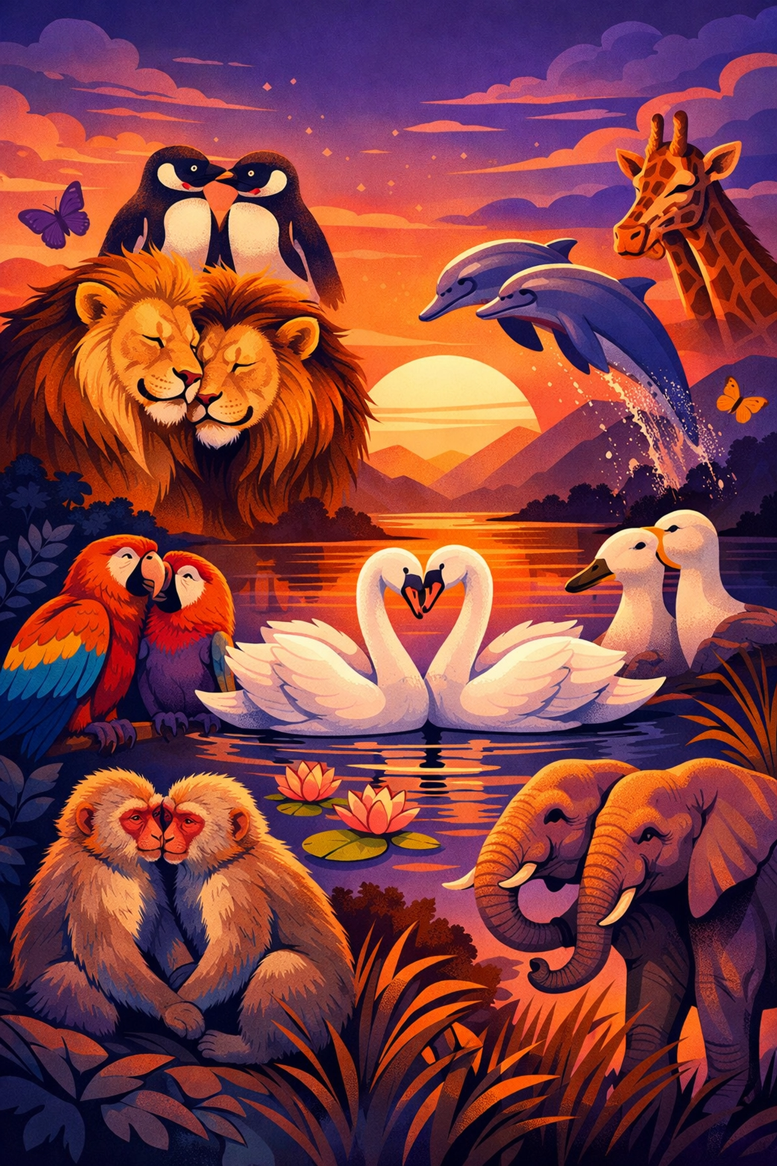 Illustration of same-sex animal pairs in nature, celebrating the natural diversity of queer love and bonding.