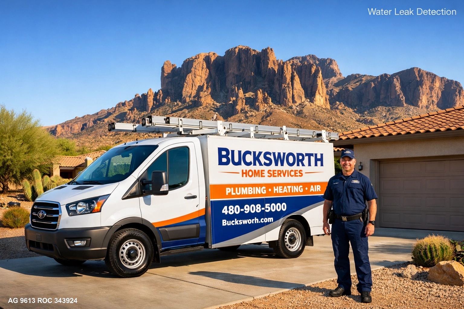 Bucksworth Home Services truck and technician arriving for water leak detection in Apache Junction.