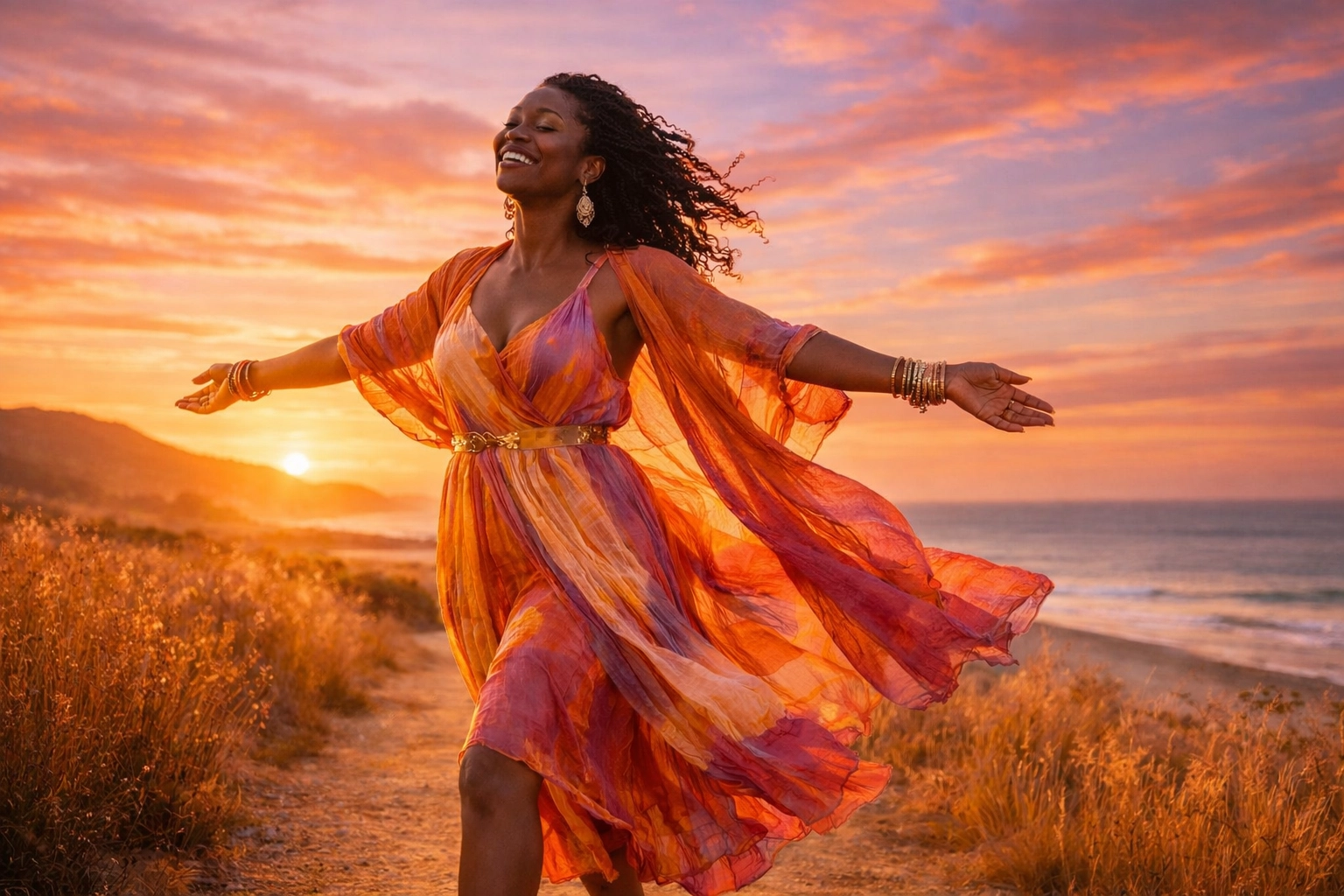 Woman embracing freedom and joy, finding purpose after success