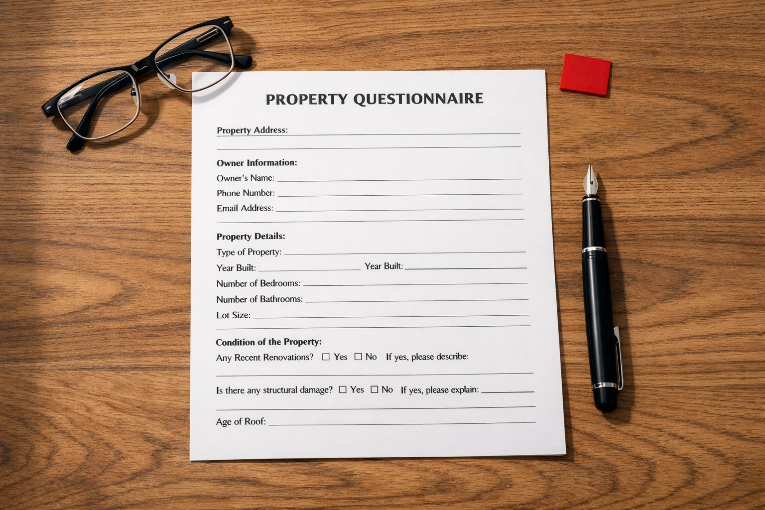 Property Questionnaire document for Home Report Scotland with inspection notes