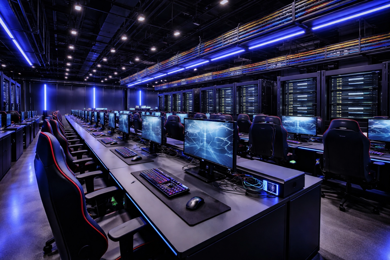 Modern esports arena with professional gaming stations and advanced networking infrastructure