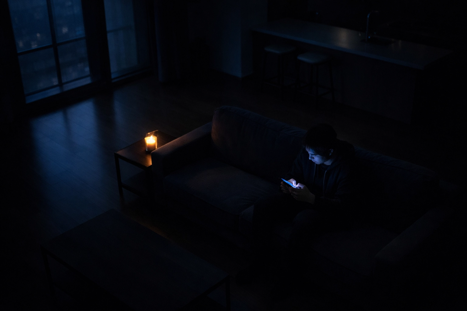 A person distracted by a smartphone in a dark room, illustrating modern apatheism and indifference to spiritual light.