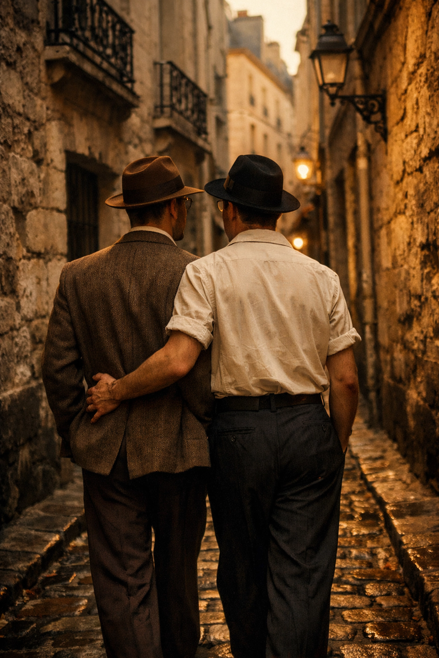 Two men walking intimately through a vintage Le Marais alley, symbolizing the roots of gay history in Paris.
