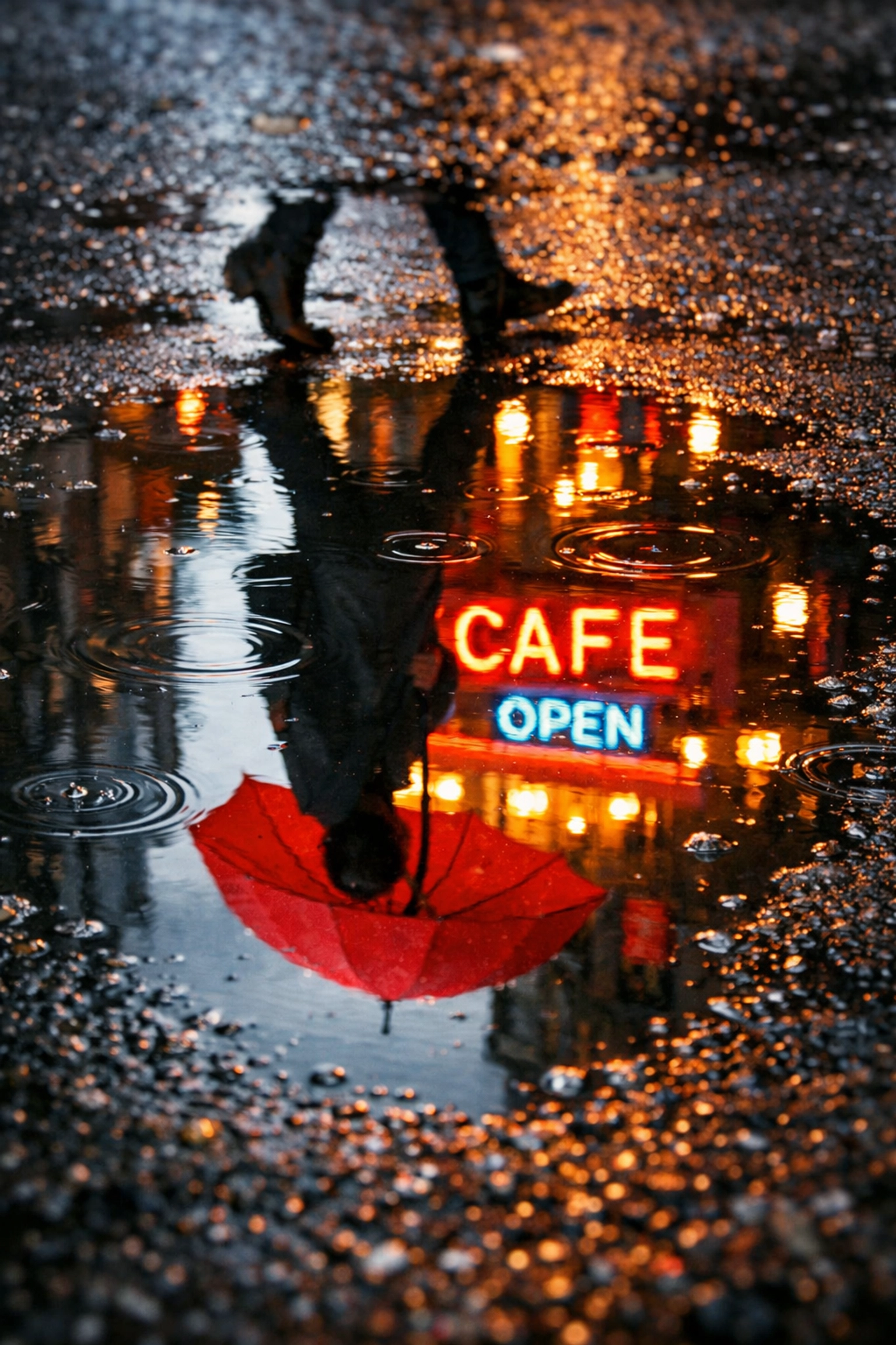 A puddle reflection of a person with a red umbrella and neon signs for creative street photography ideas.