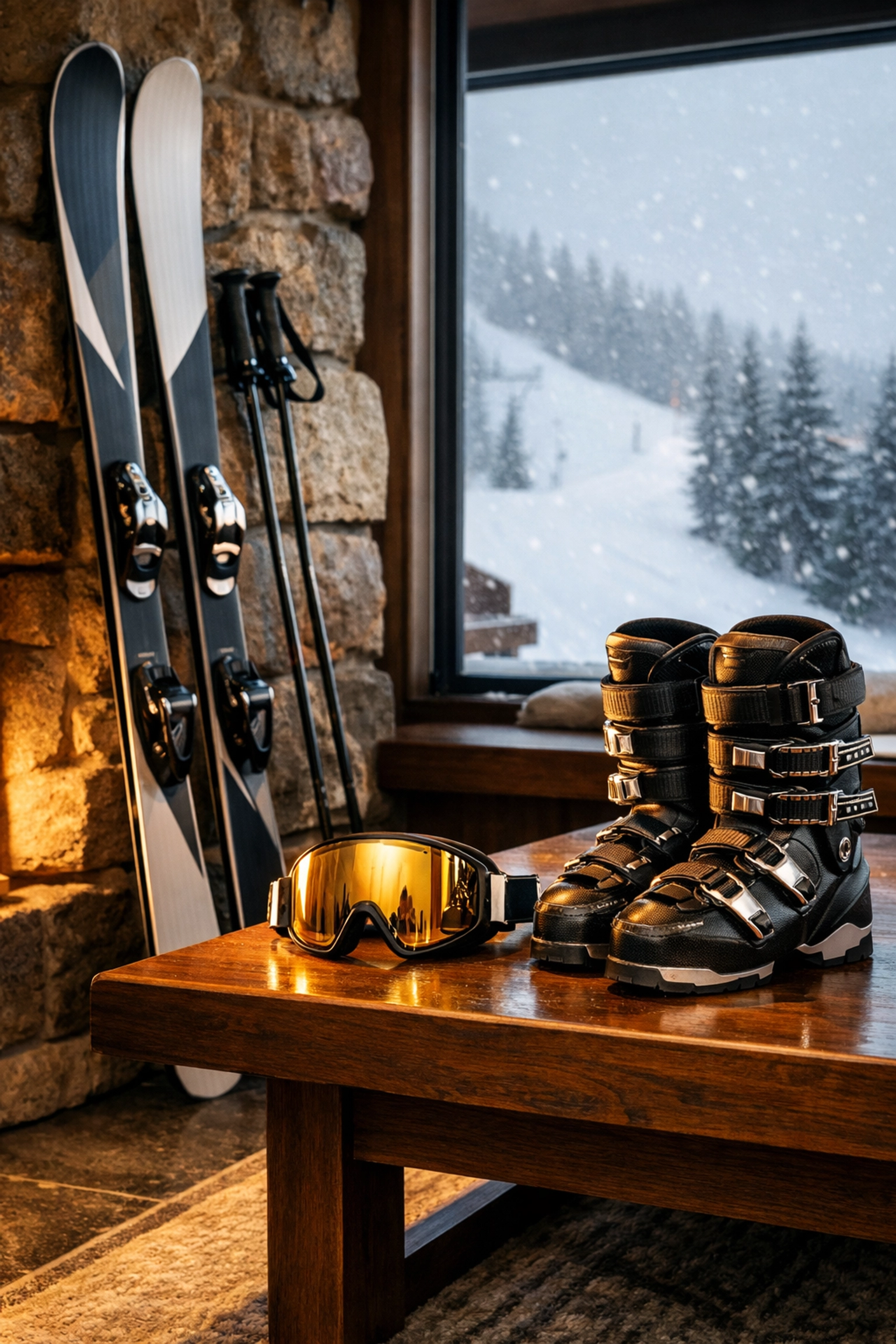 Luxury Snowshoe ski condo interior with premium gear by a stone fireplace overlooking snowy slopes.