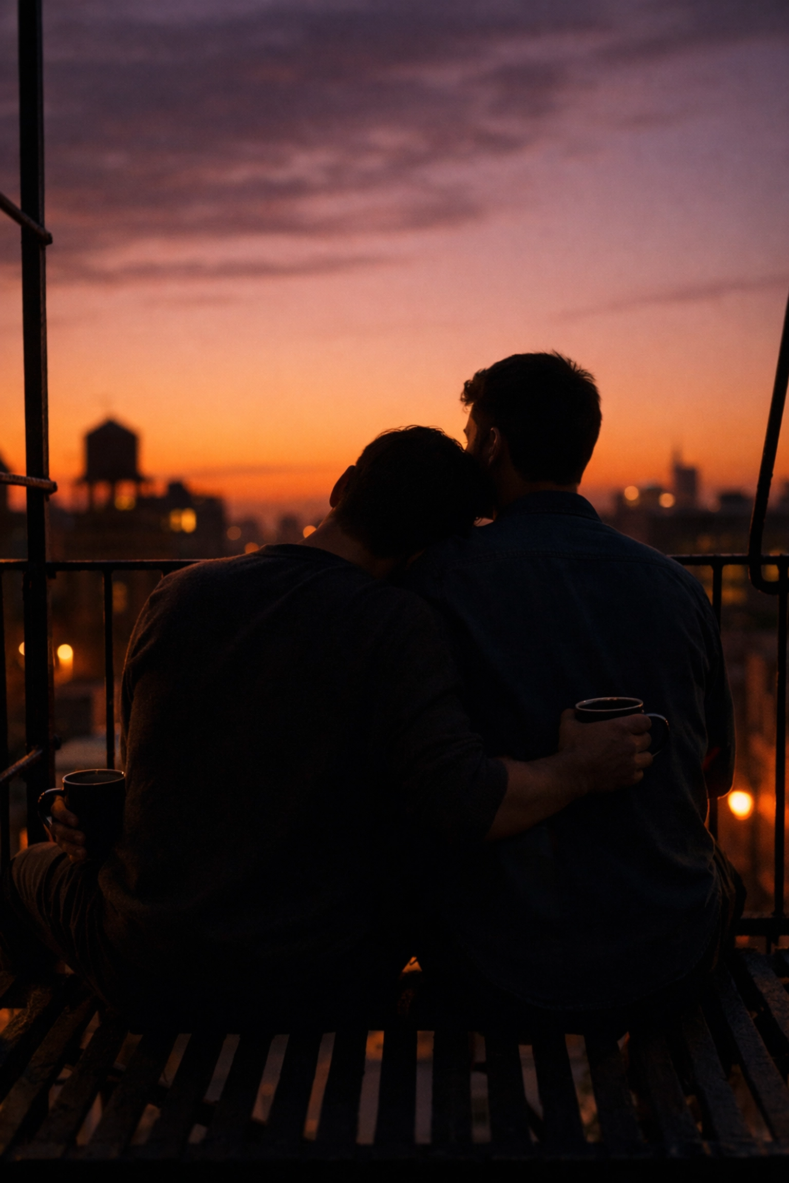 Two men sharing coffee on balcony at sunset, showing intimate partnership