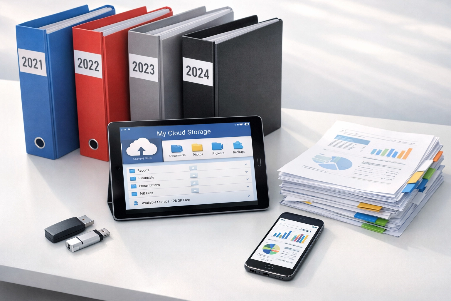 Organized tax documents and digital storage devices for small business record-keeping