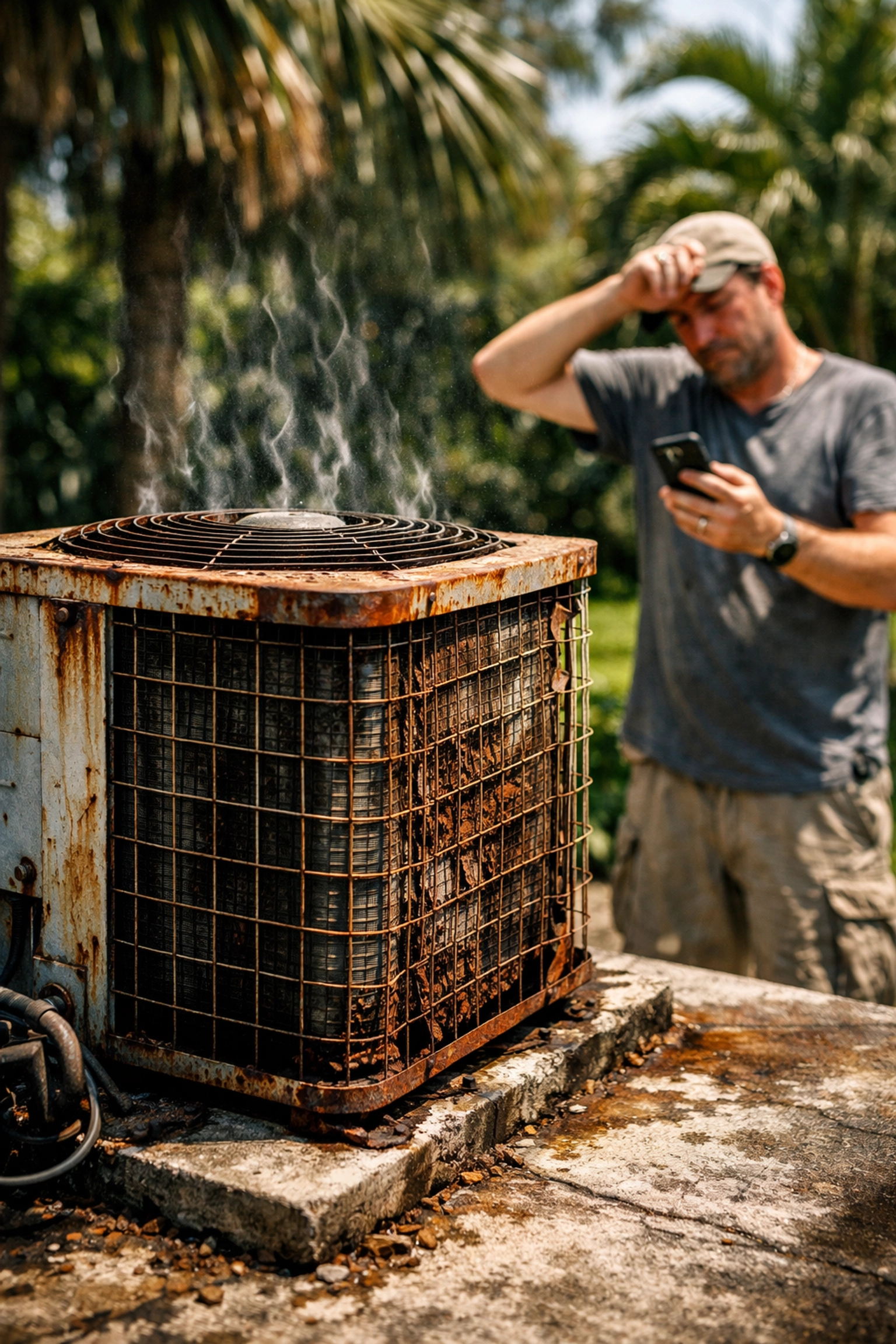 Frustrated landlord standing next to a broken, rusted AC unit during a Florida heat wave.