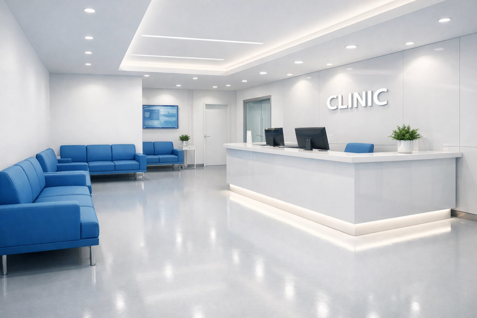 Sanitized medical clinic waiting area in Braintree with clean floors and blue seating.