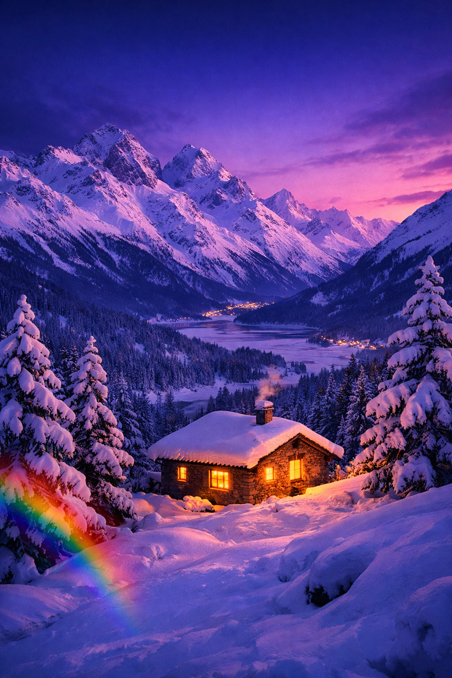 Engadin valley winter landscape in Swiss Alps showing isolated cottage representing MM romance backdrop