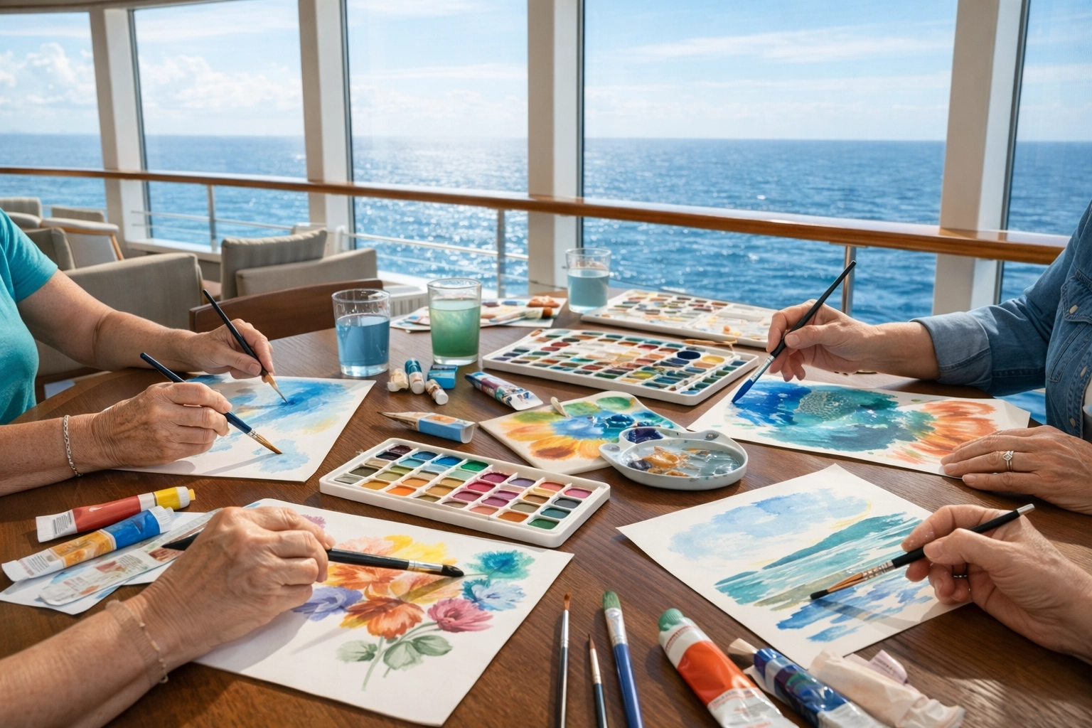 Women painting together with watercolor and acrylic palettes on a cruise with ocean views