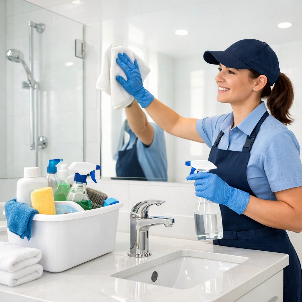 Professional cleaner deep cleaning apartment bathroom during unit turnover