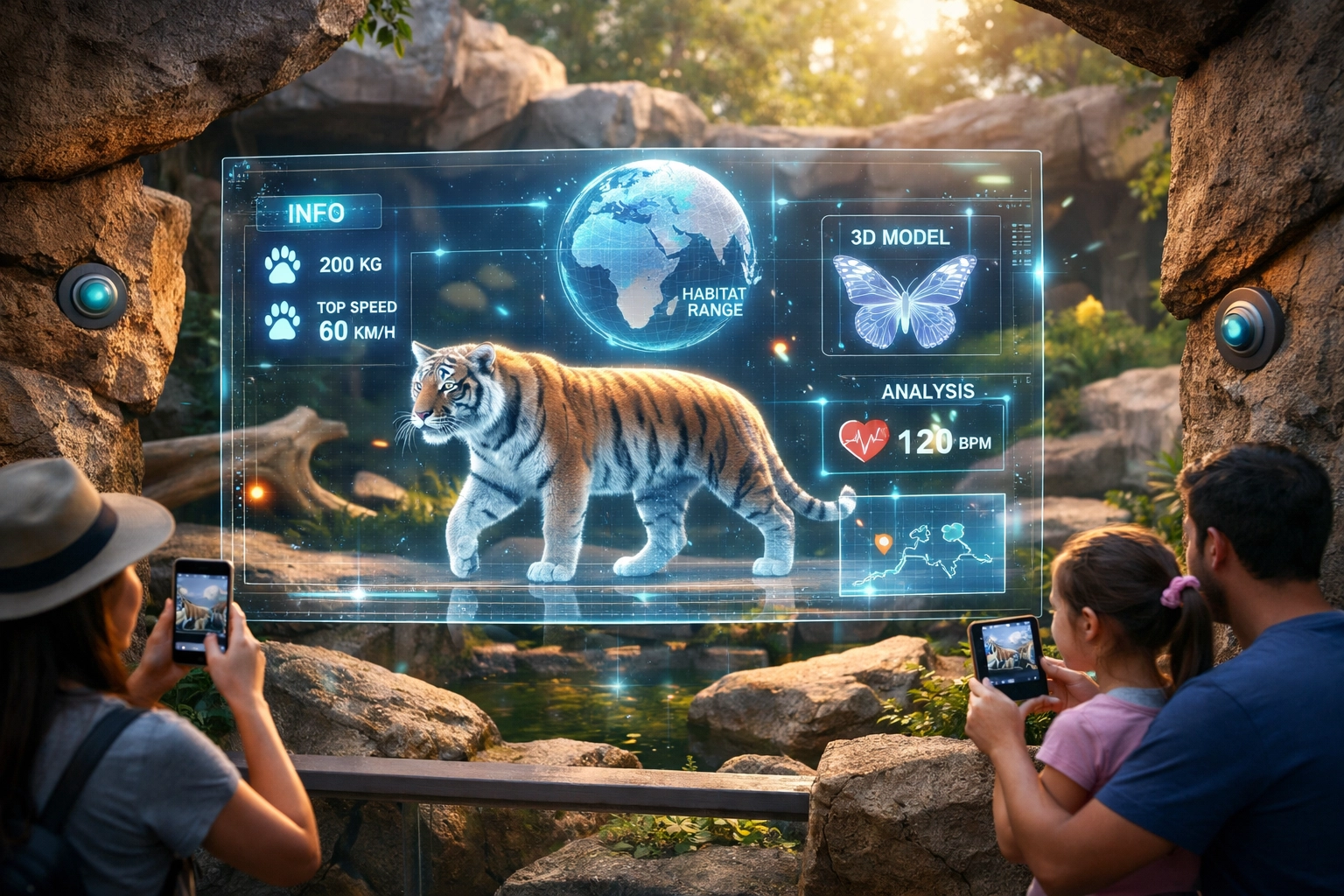 Interactive zoo exhibit featuring augmented reality technology and digital engagement for visitors