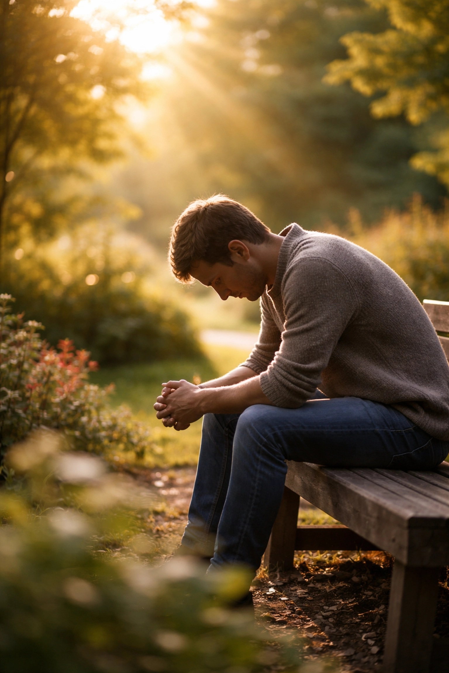 A person sits quietly on a garden bench at sunset, reflecting and seeking God for hope after spiritual exhaustion.