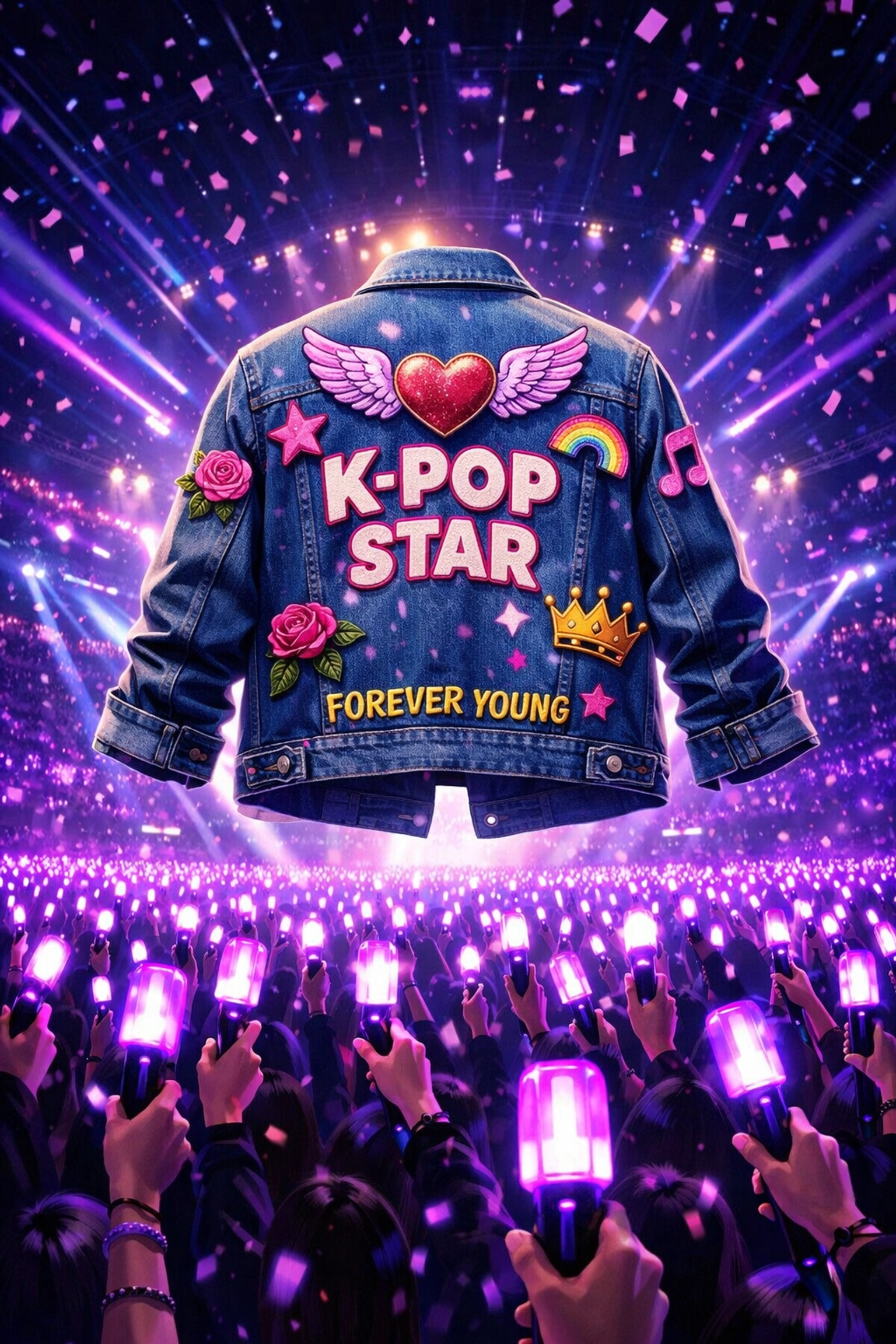 Neon purple K-Pop lightsticks at a concert with a custom denim jacket featuring colorful patches.