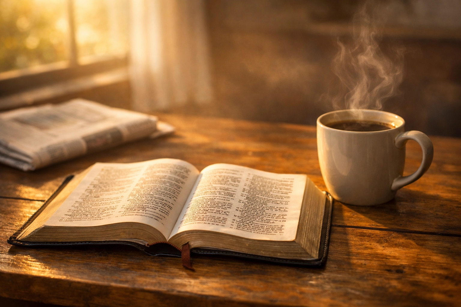 Open Bible beside coffee and newspaper symbolizing filtering daily news through Scripture