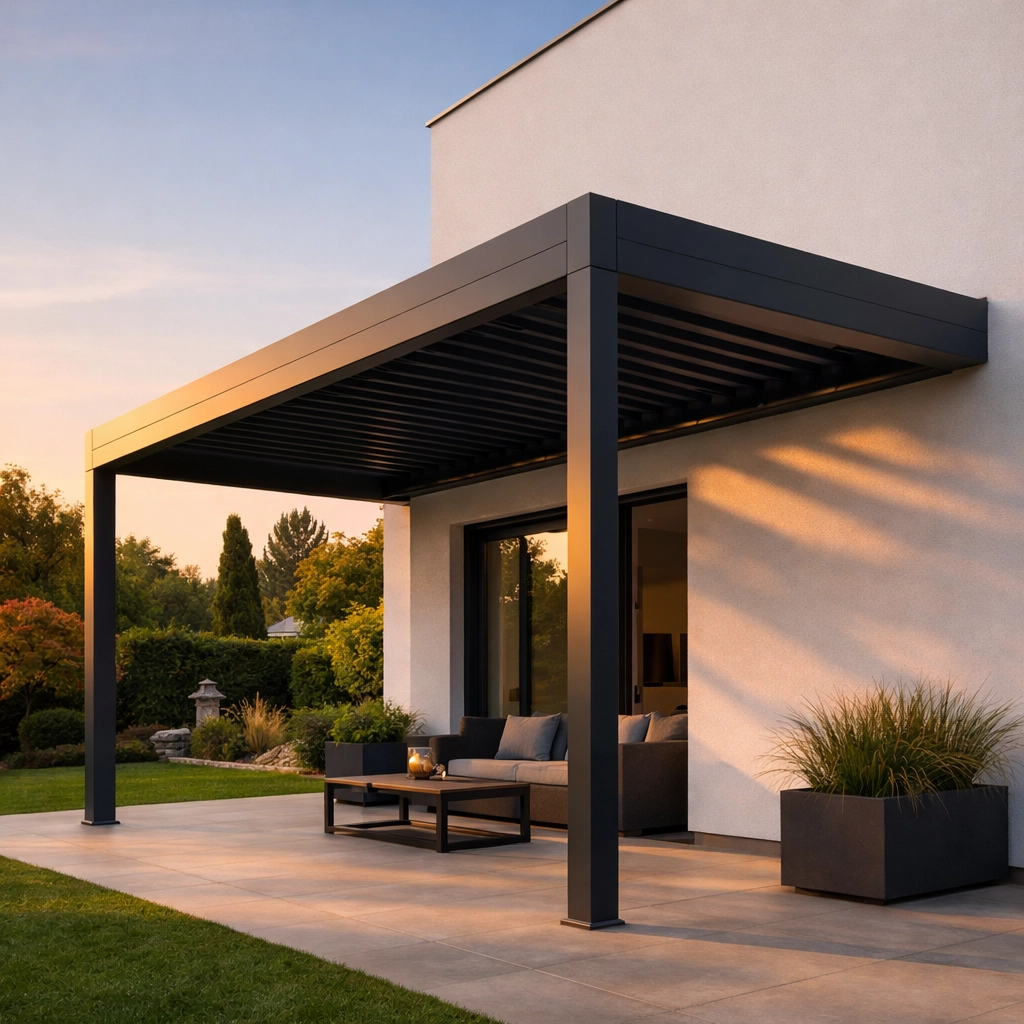 Moderne Terrassenüberdachung in Wien aus anthrazitfarbenem Aluminium an einer minimalistischen Fassade.