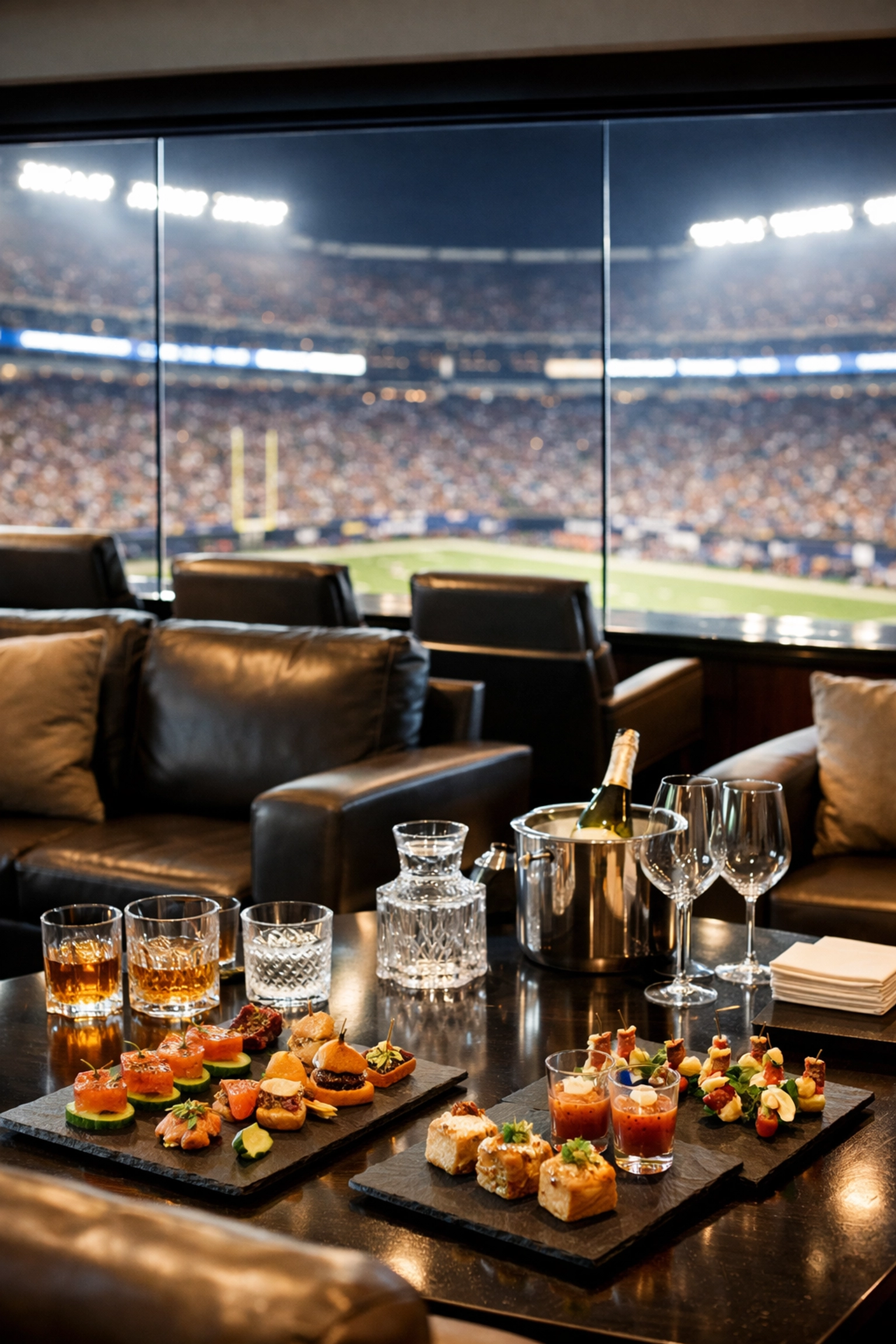 Luxury stadium hospitality suite prepared for corporate VIP executive hosting and client networking.