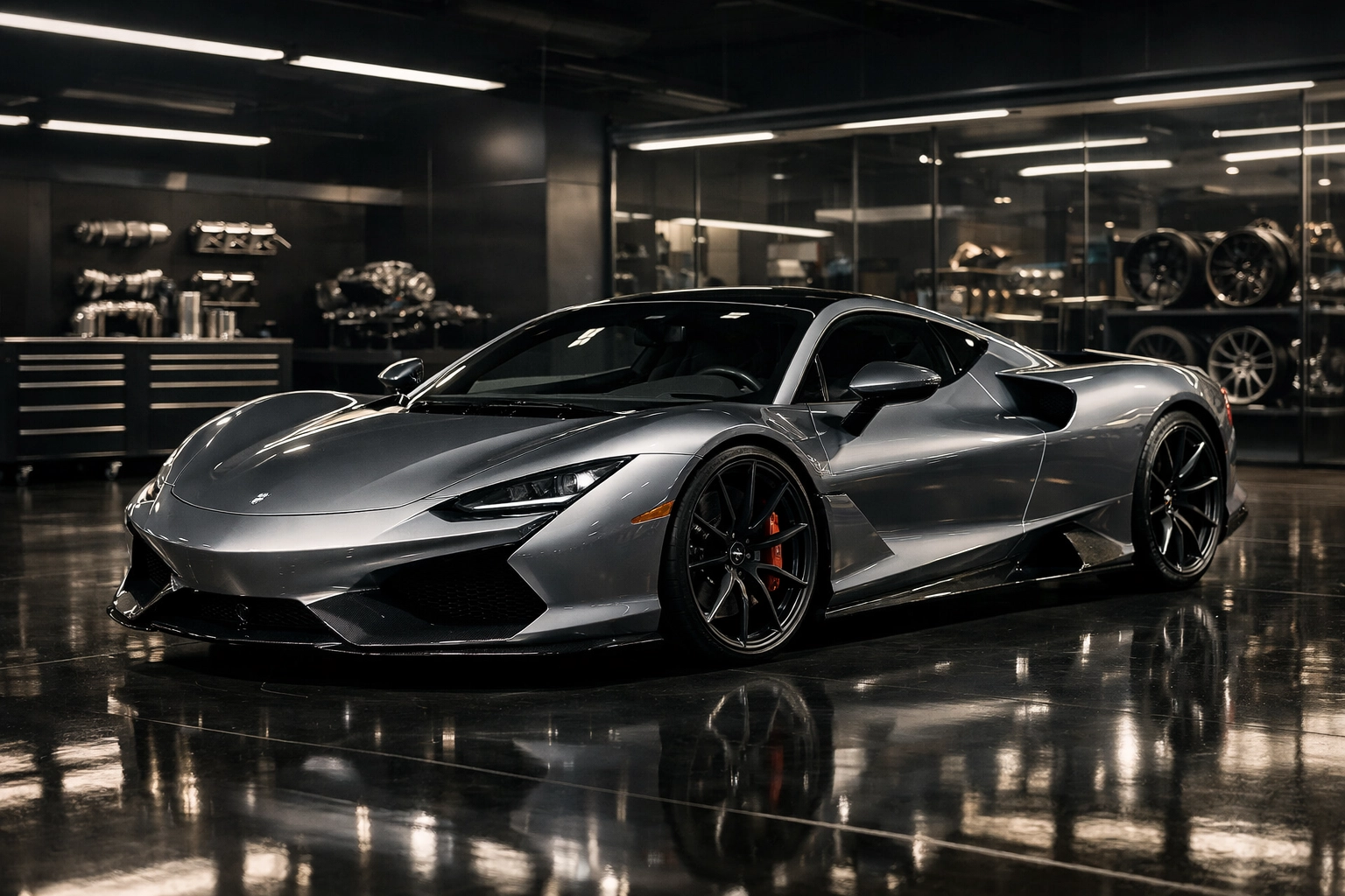 High-end supercar in a sleek modern automotive setting