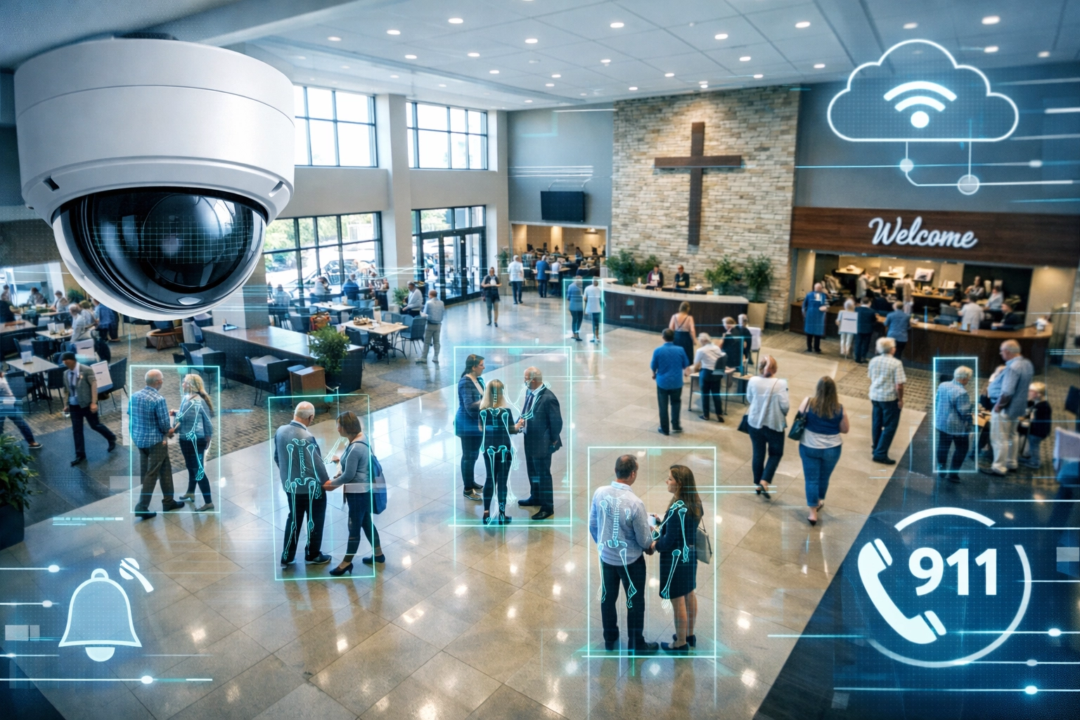 AI-powered security camera with behavioral detection monitoring a community space for enhanced public safety.