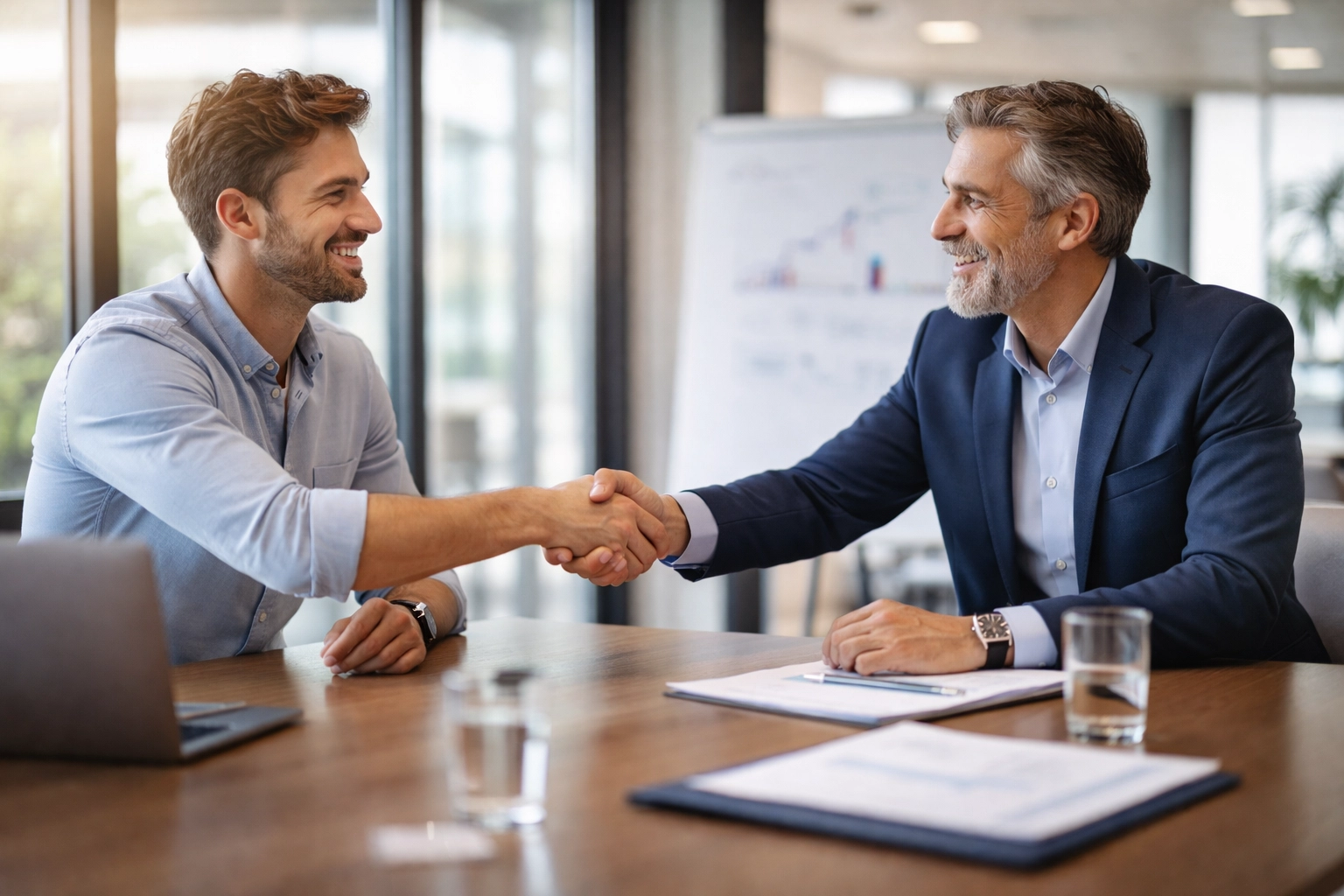 Startup founder and investor shaking hands after agreeing on seed funding terms in a modern UK office