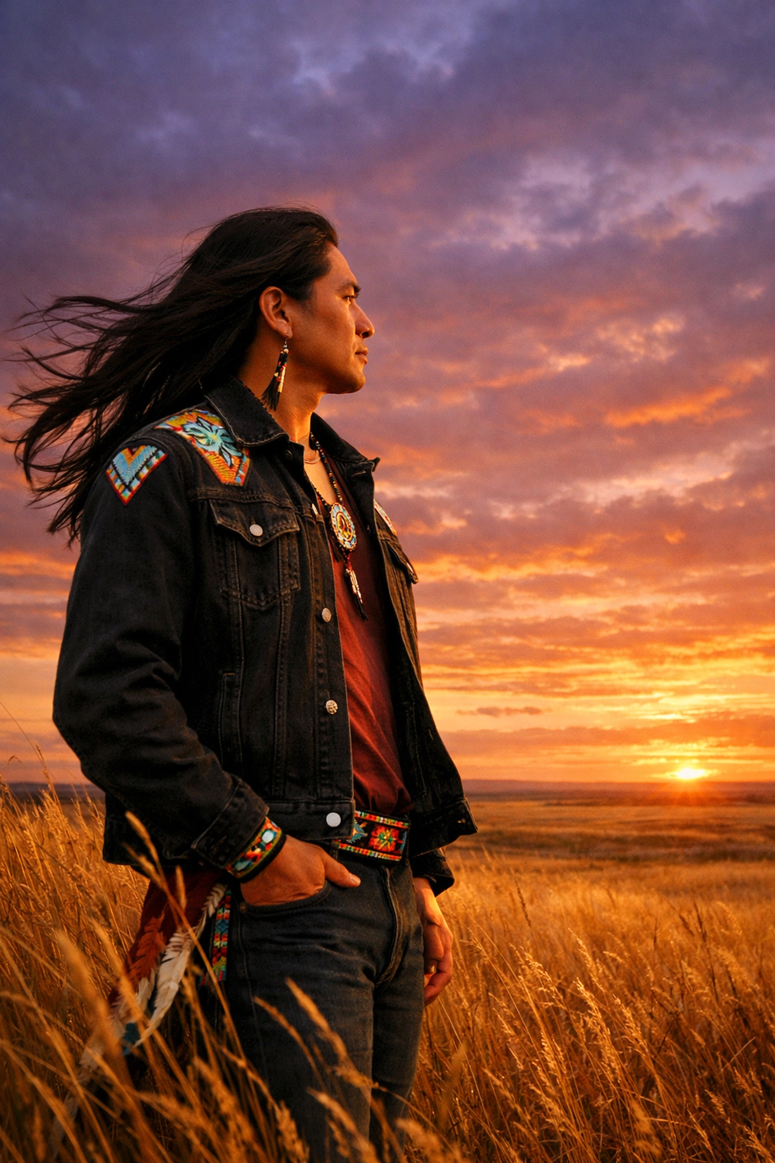 Two-Spirit Indigenous man on Saskatchewan prairie at sunset reflecting on homecoming and identity