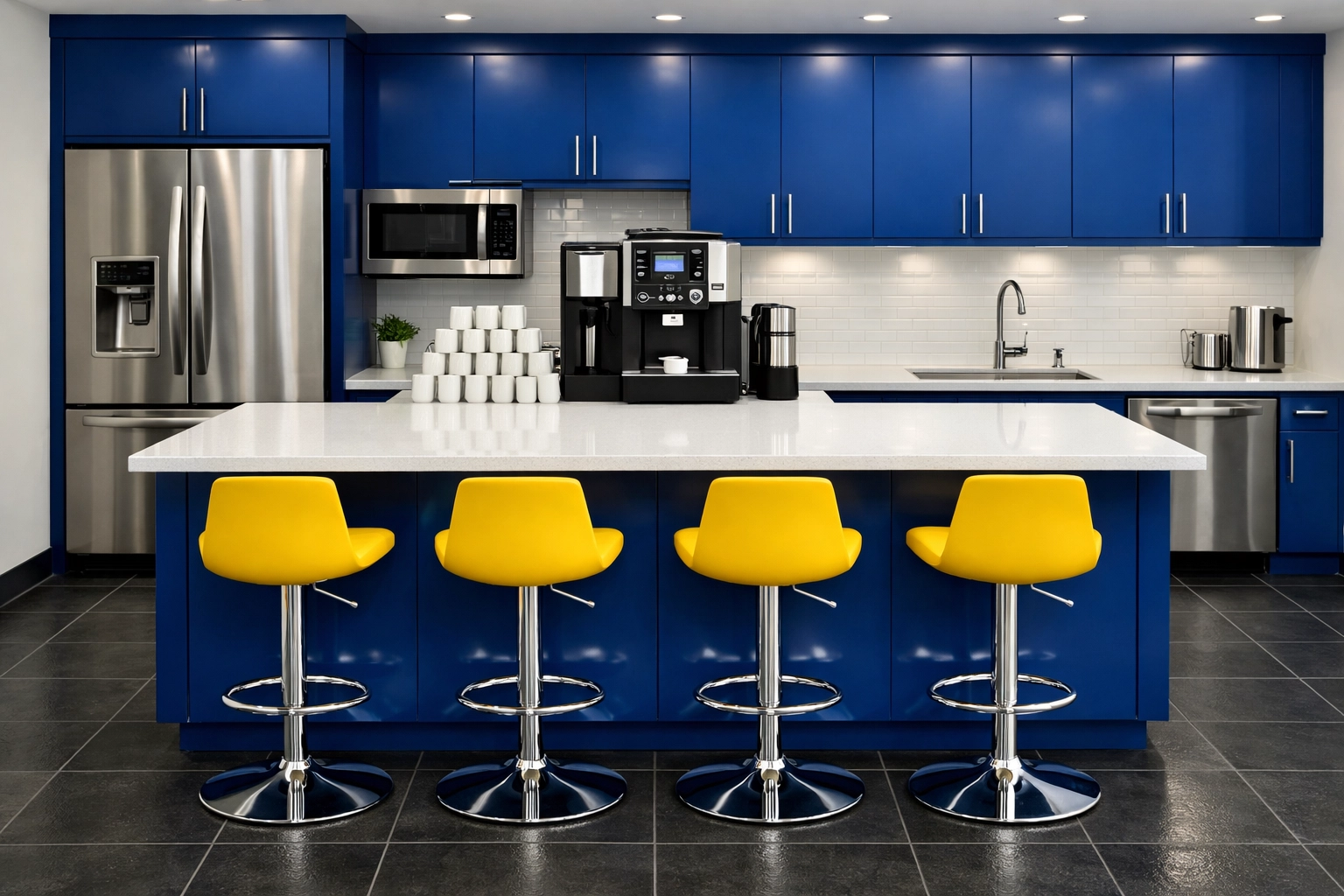 A spotless modern corporate breakroom in Fitchburg with sanitized appliances and seating areas.