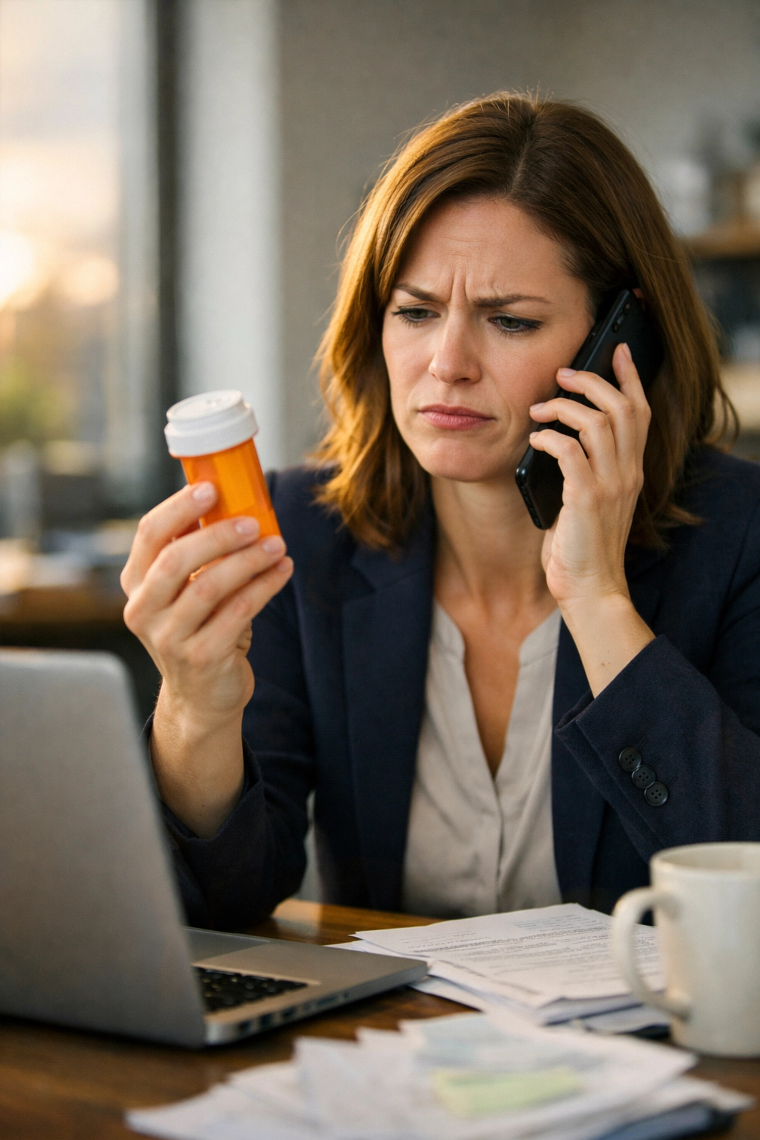 Professional woman frustrated trying to refill prescription during work hours with empty pill bottle