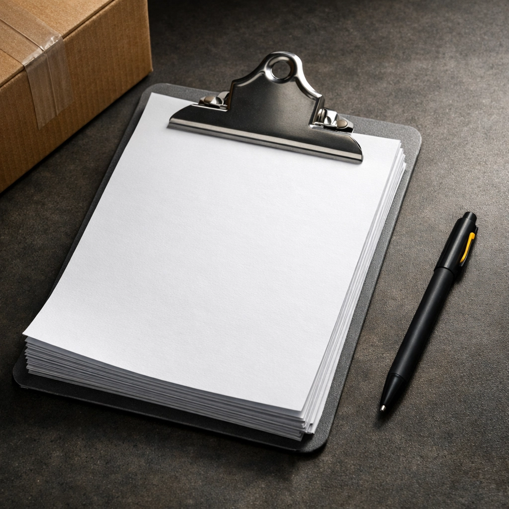 Close-up of inventory paperwork and a clipboard used for vetting reliable B2B wholesale suppliers.