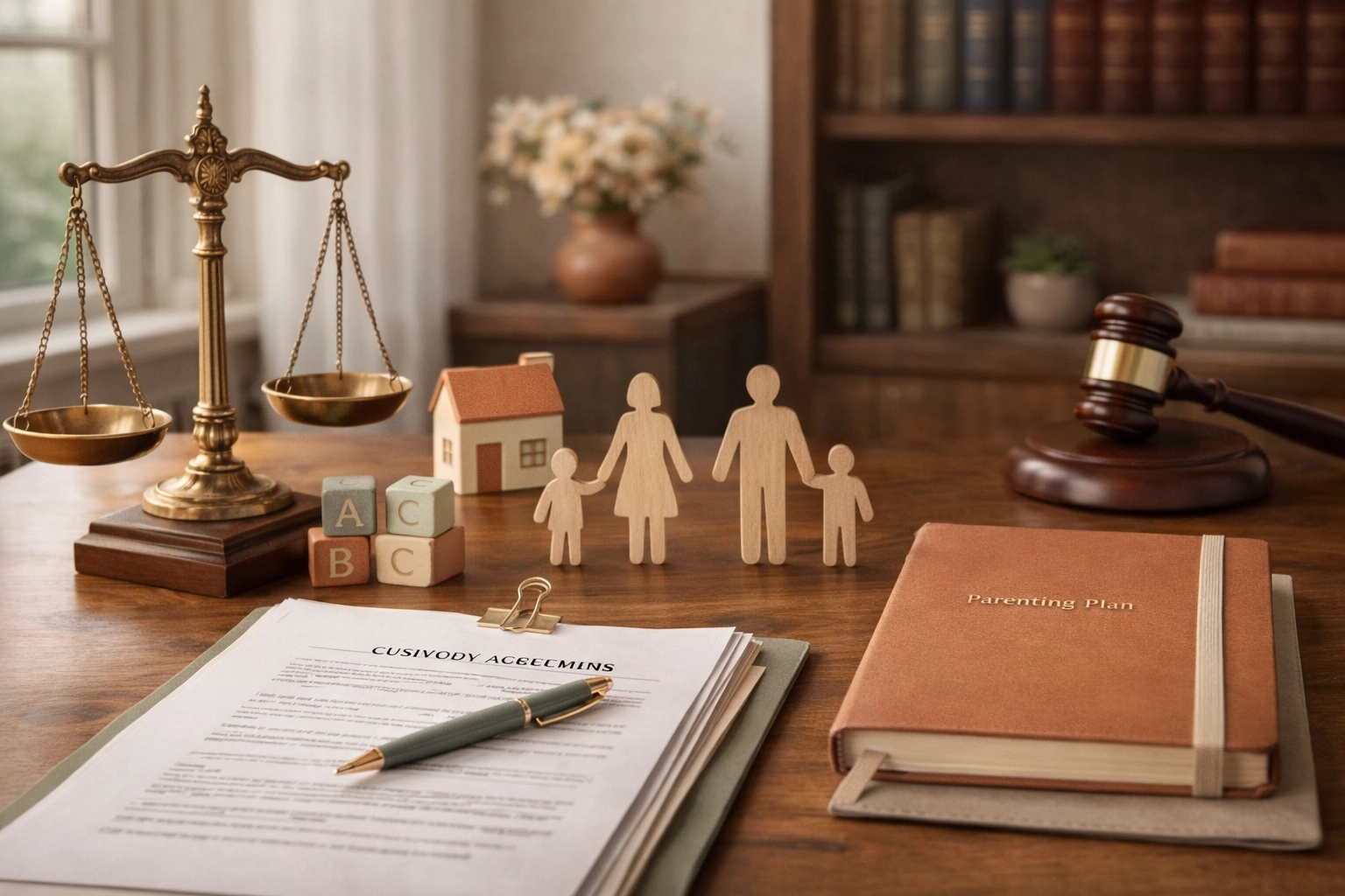 Child custody planning materials on a cream desk in a warm boho-style setting for child custody in Fredericksburg, VA