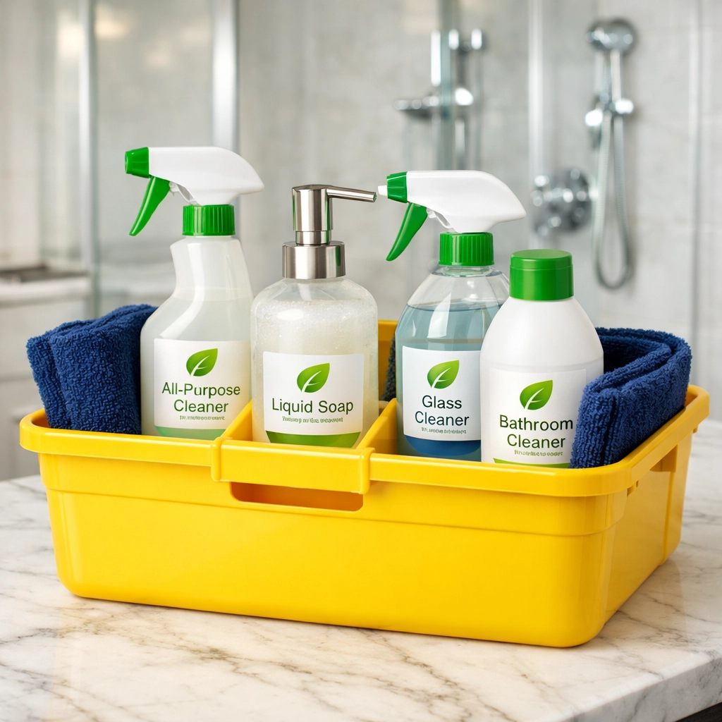 Yellow cleaning caddy with professional house cleaning Ashby MA supplies on a white marble counter.