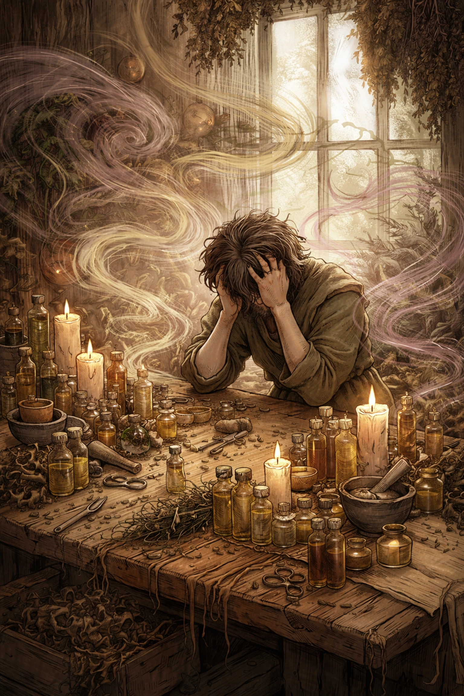 A candlemaker overwhelmed by bottles and herbs in a sunlit studio, showing sensory overload from fragrance oils.