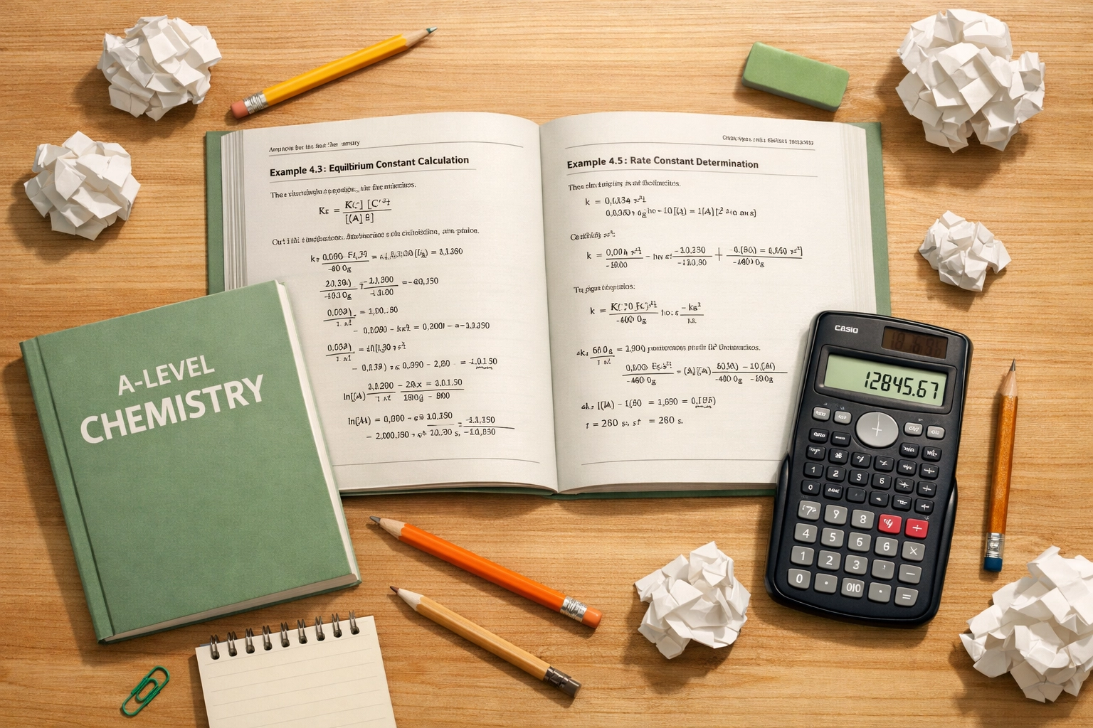 A-Level Chemistry student desk with textbook, calculator and scattered notes showing calculation struggles