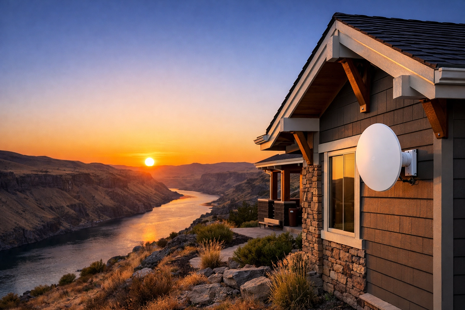 Fixed wireless internet dish on a Clarkston WA home overlooking the Snake River, providing high-speed WISP service.