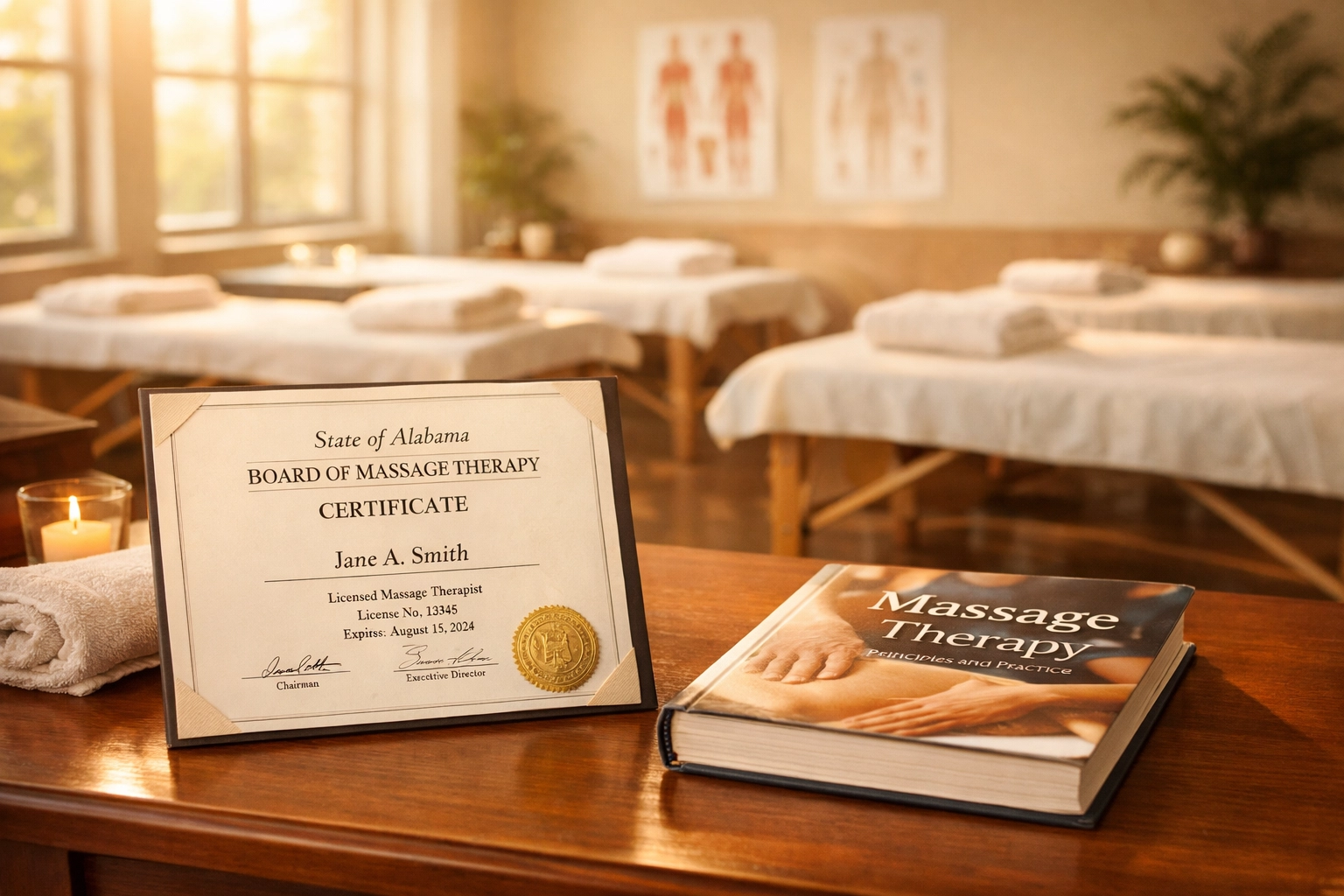 Alabama massage therapy school certification documents and textbooks in professional classroom