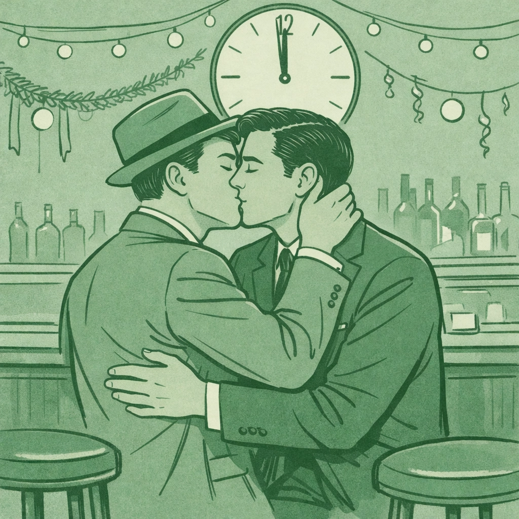 Gay men sharing New Year's kiss at Black Cat tavern 1960s Los Angeles