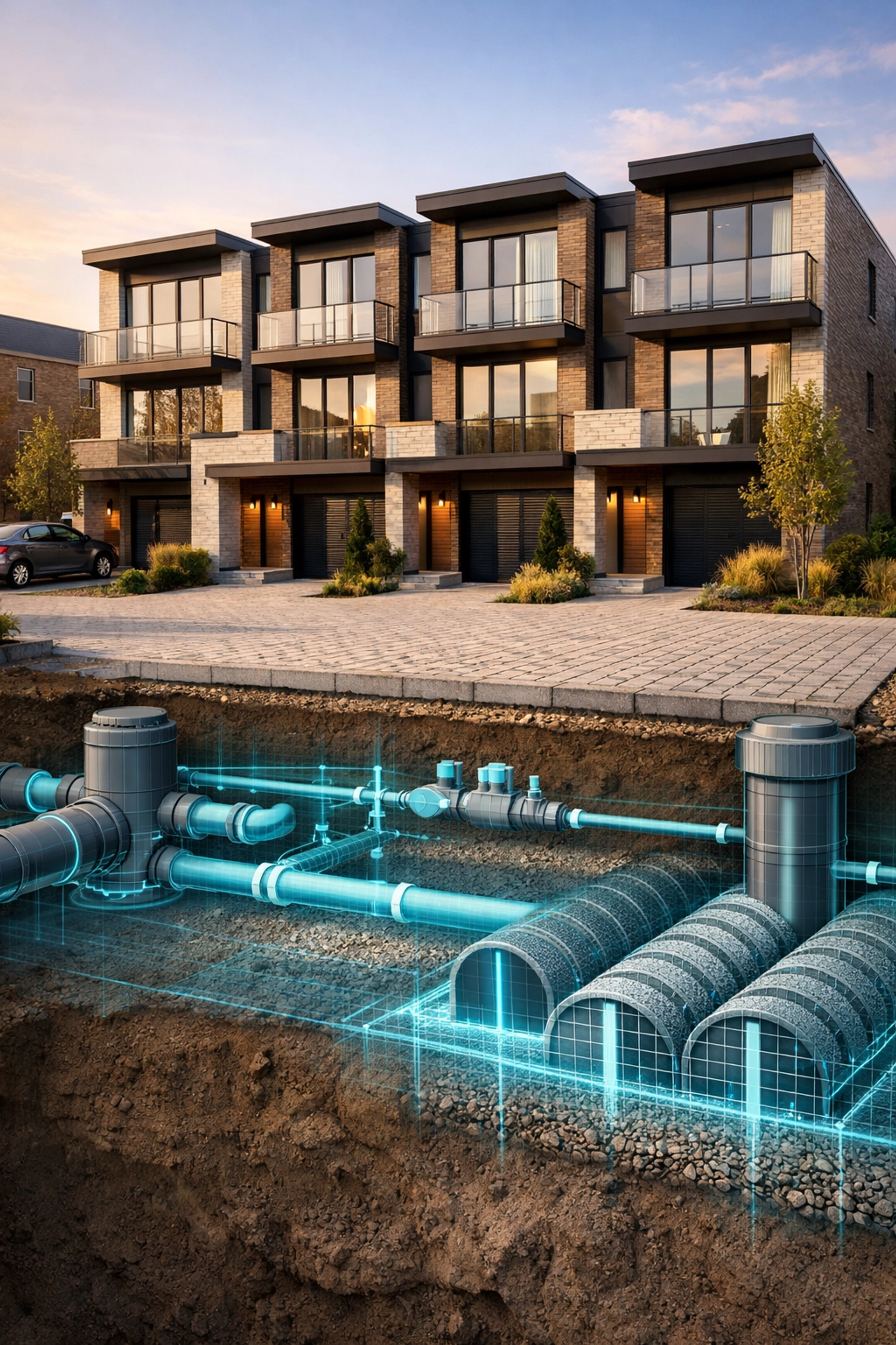 Modern 5-plex conversion showing underground site servicing, sanitary pipes, and stormwater management systems.