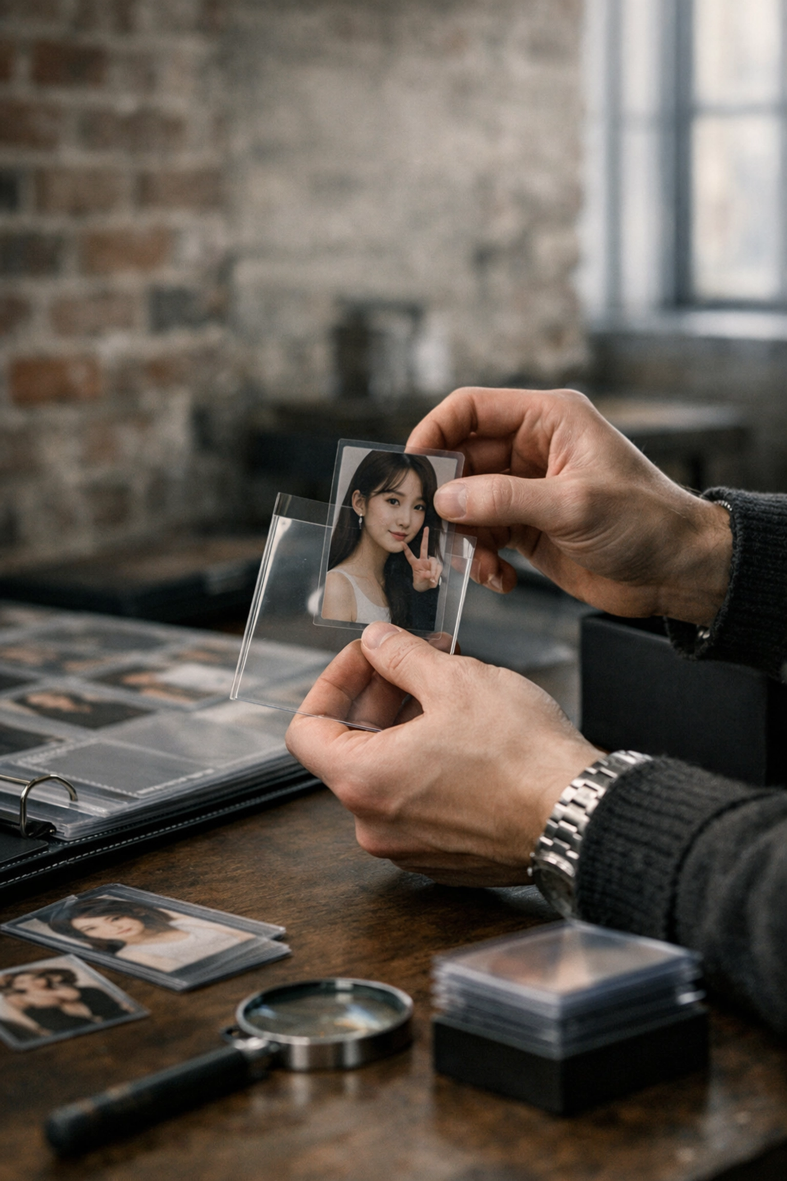 A collector in New York carefully preserving a rare K-pop photocard from Bunjang's recommerce platform.