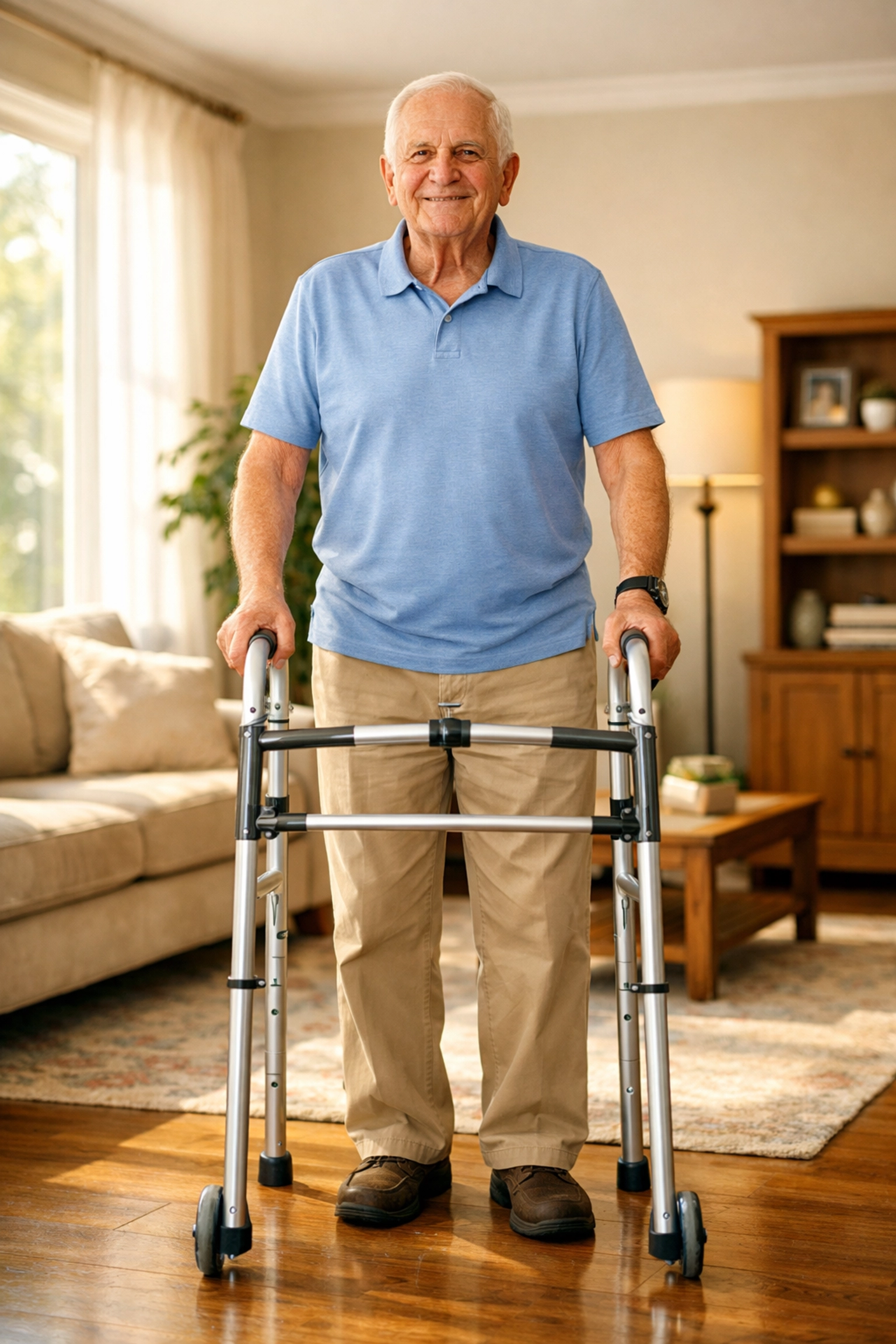 Senior man standing correctly inside a silver walker frame for better stability and balance.