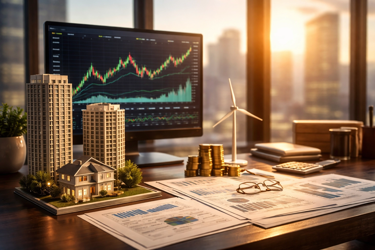 An investor’s desk with charts, real estate models, and green energy accents, reflecting diversified asset allocation for accredited investors.