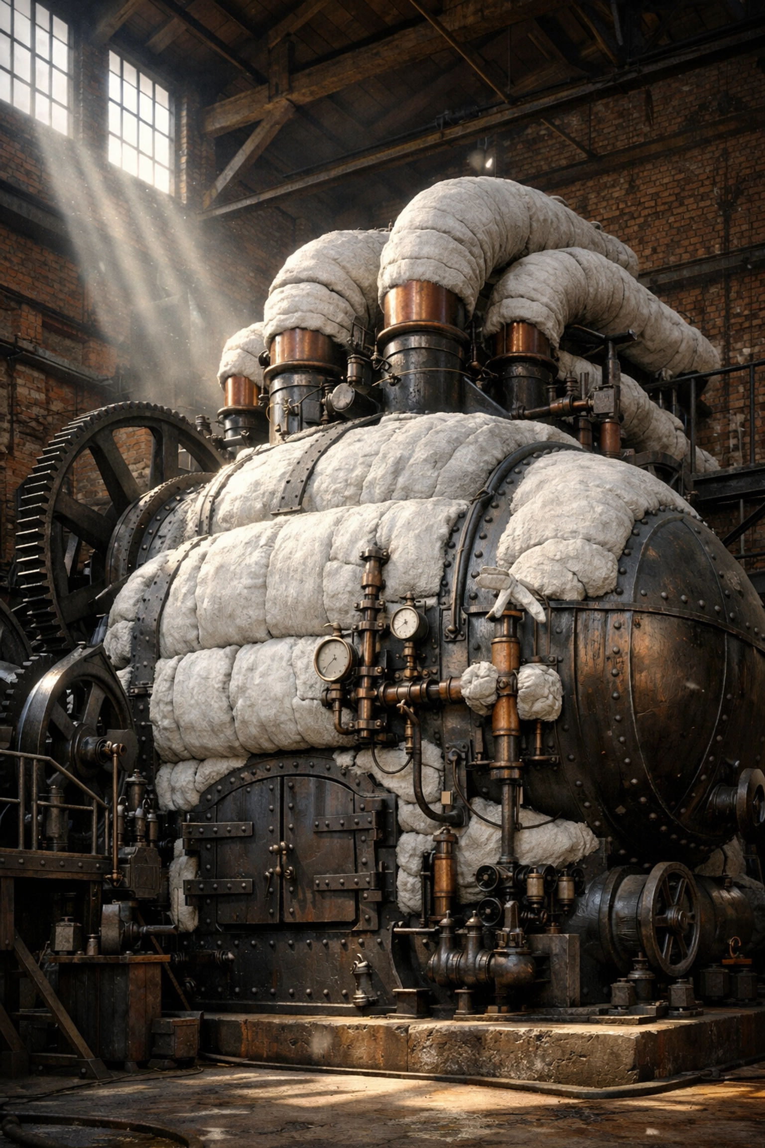 Industrial Revolution steam engine boiler insulated with thick white asbestos material.