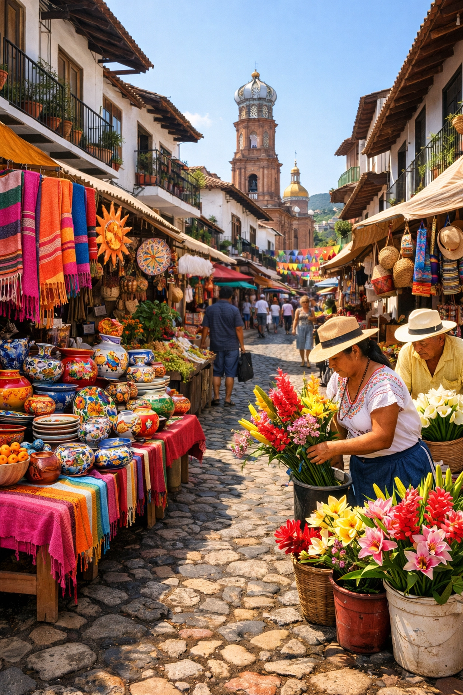 Colorful Old Town Puerto Vallarta street market with handmade pottery and local vendors