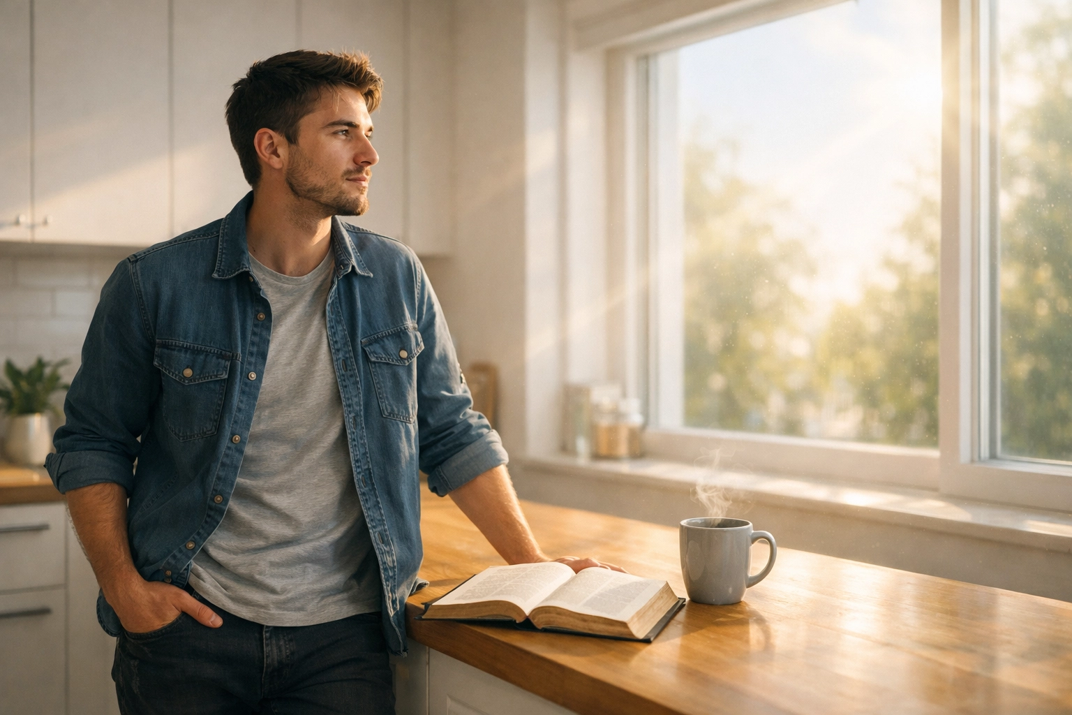 A man reflecting by a kitchen window with a Bible, illustrating the concept of waiting on the Lord with purpose.