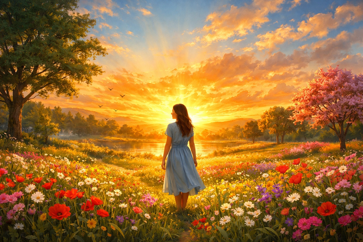 A woman finds hope and replenishment in a wildflower meadow, reflecting FA Memphis spiritual values.